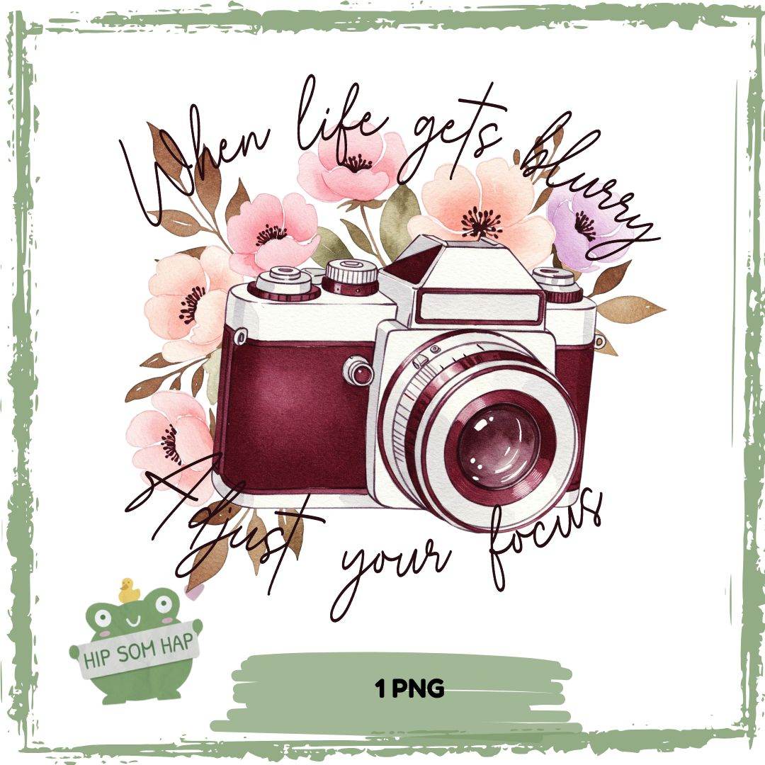 When Life Gets Blurry – Kamera & Blumen Bügelbild (1 PNG) - Sewando