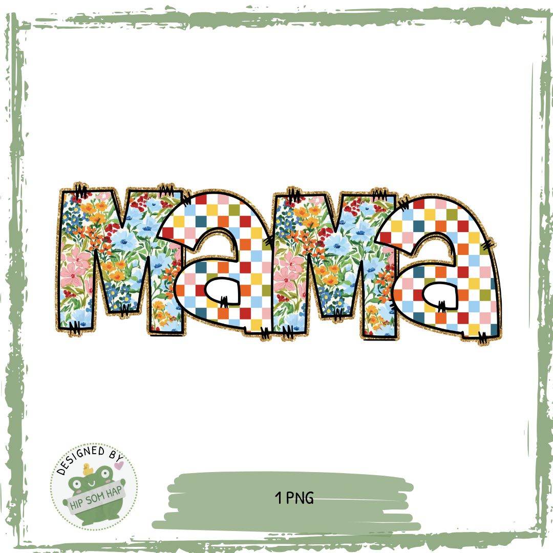 Bügelbild Mama – Blumen & Retro-Karomuster PNG für Muttertag - Sewando