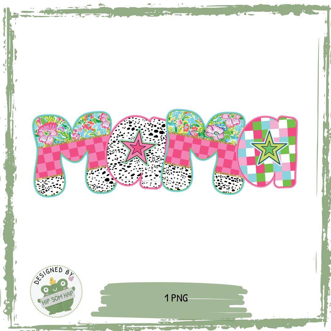 Bügelbild Mama – Florales Patchwork mit Sternen im Retro-Stil | PNG - Sewando