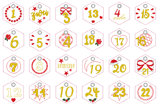 Stickdatei - 6-Eck Zahlenanhänger 1-25 für Adventskalender - Sewando