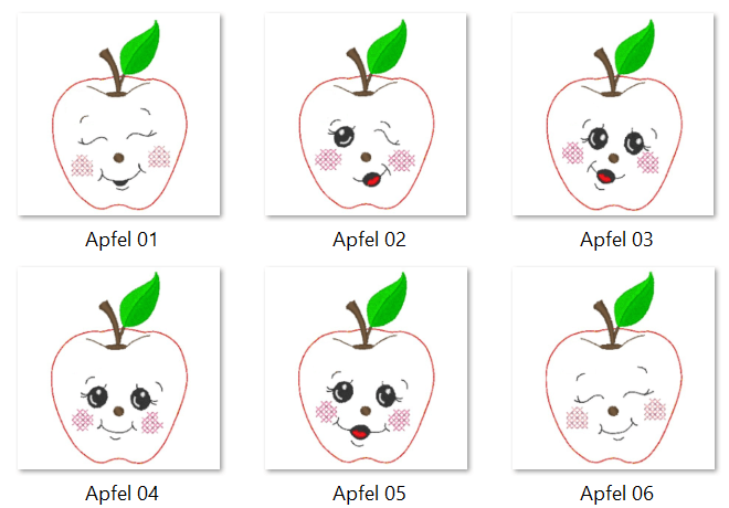 Stickdatei - 6 Äpfel mit Gesichtern (Doodle Applikation) - Sewando