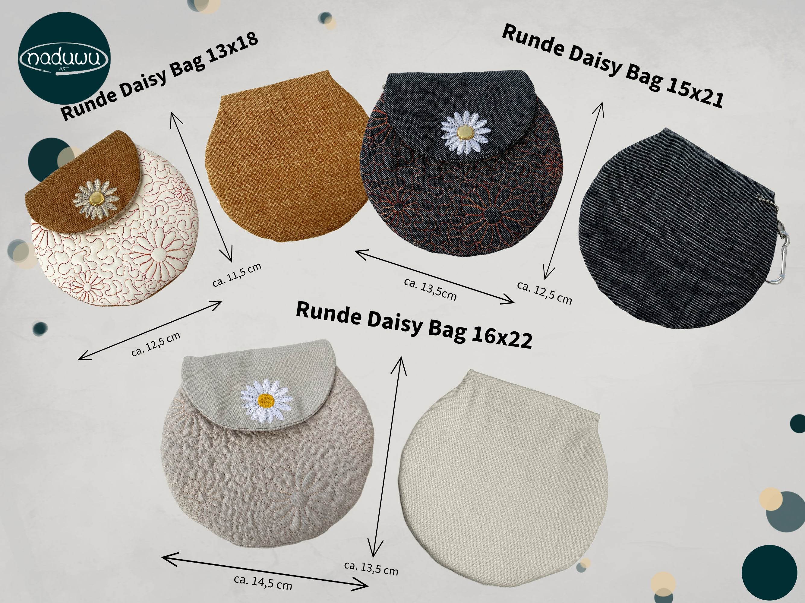 Stickdatei Tasche in 3 Größen mit Gänseblümchen, ITH runde Daisy Bag - Sewando
