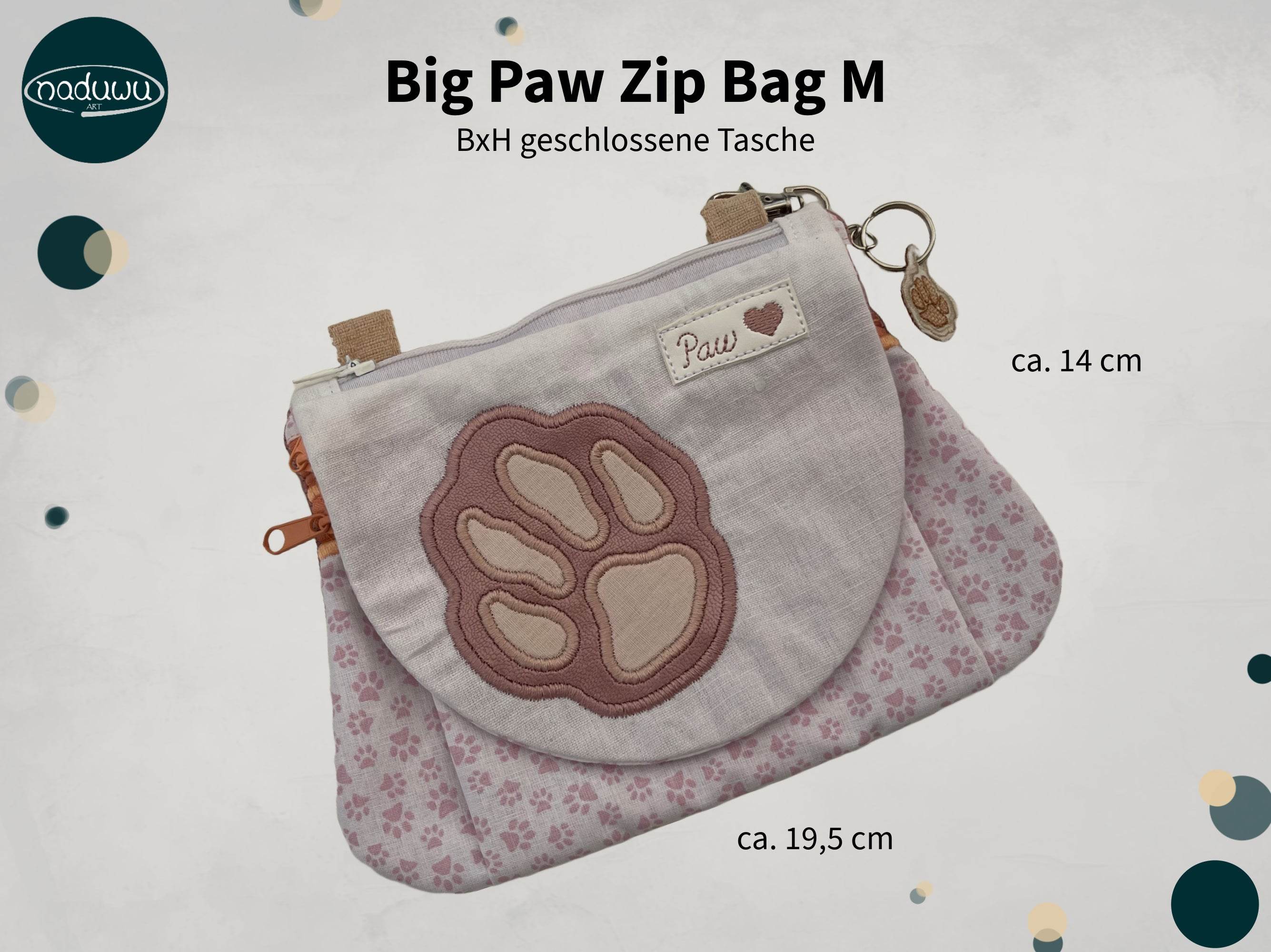 Stickdatei Tasche Big Paw 15x21, In The Hoop Bag mit 3 Reißverschlusstaschen - Sewando