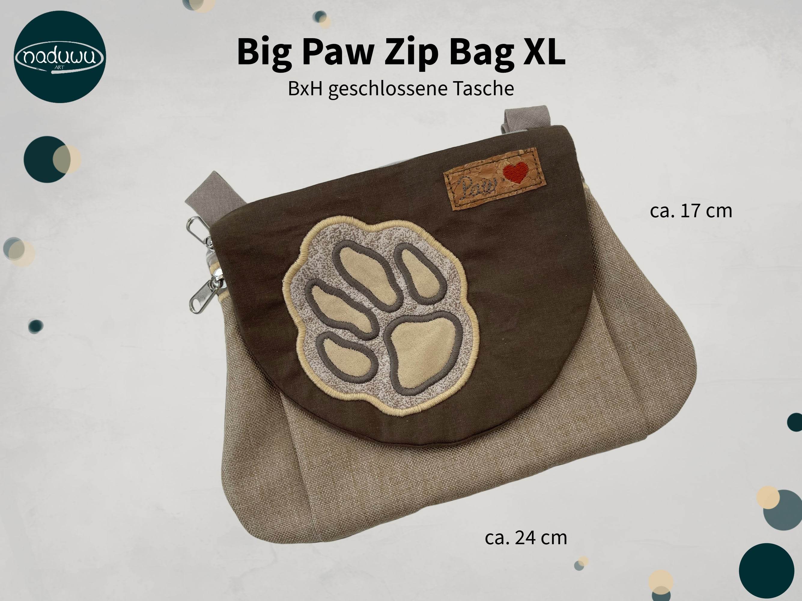 Stickdatei Tasche Big Paw 18x25, In The Hoop Bag mit 3 Reißverschlusstaschen - Sewando