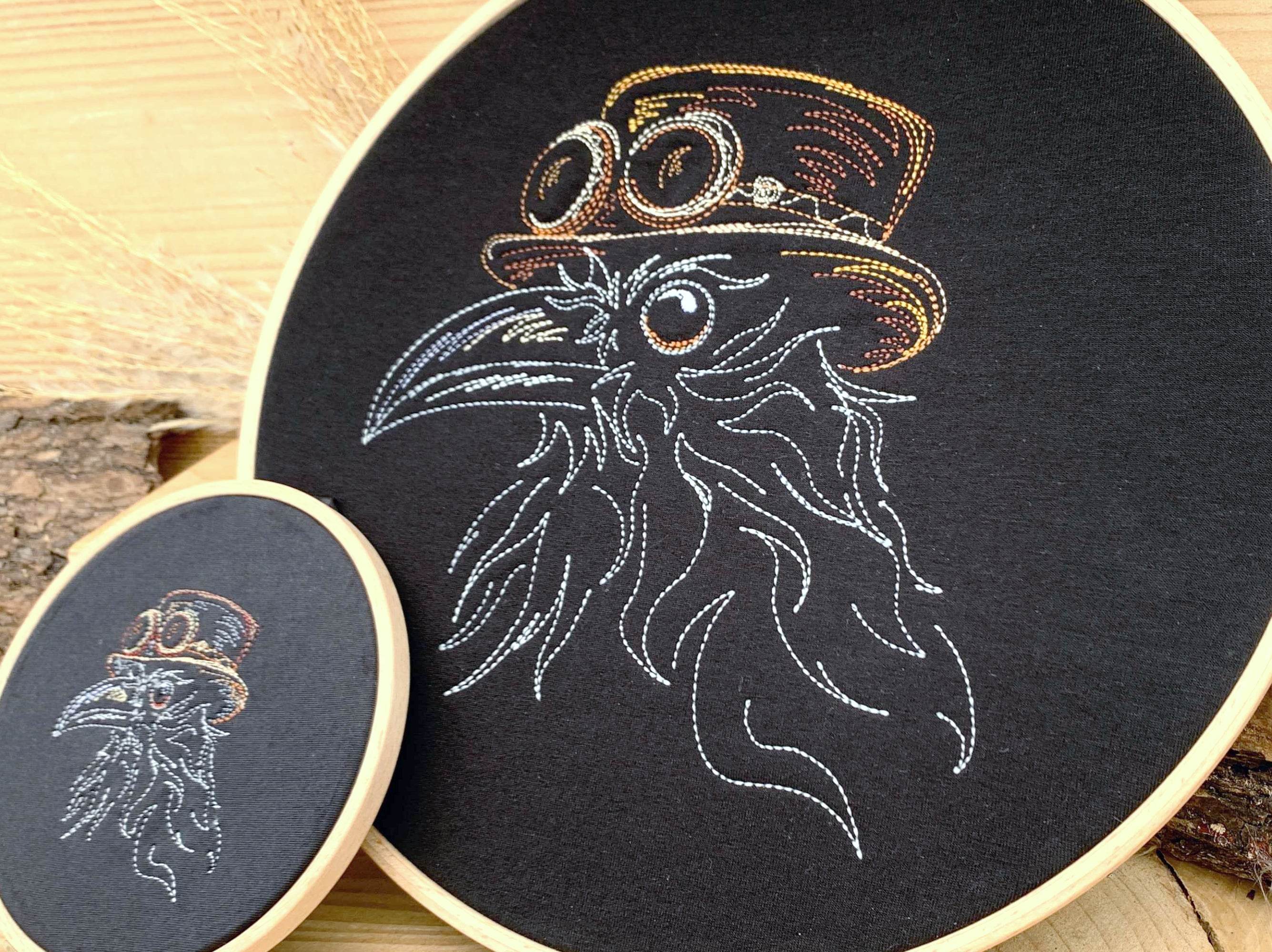 Steampunk Rabe Stickdatei, Rabenvogel Scribble in 7 Größen, Stickdesign Vogel - Sewando