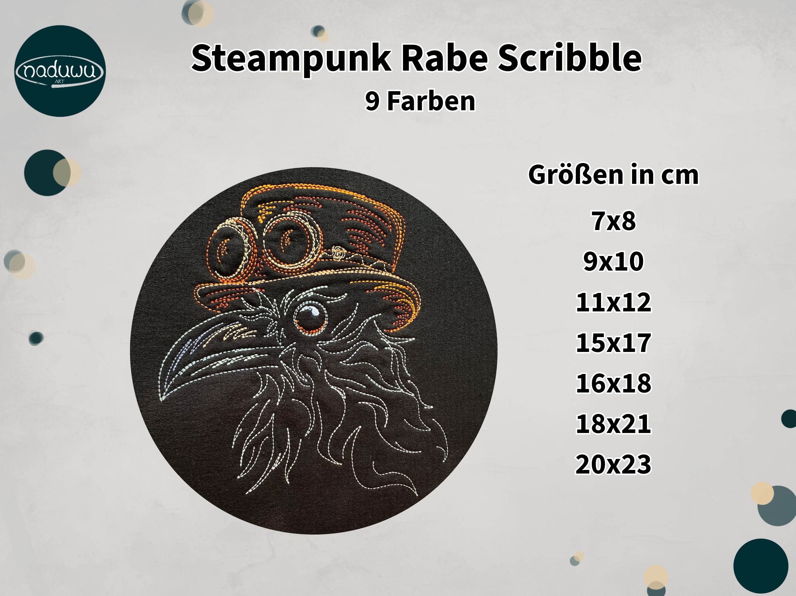 Steampunk Rabe Stickdatei, Rabenvogel Scribble in 7 Größen, Stickdesign Vogel - Sewando