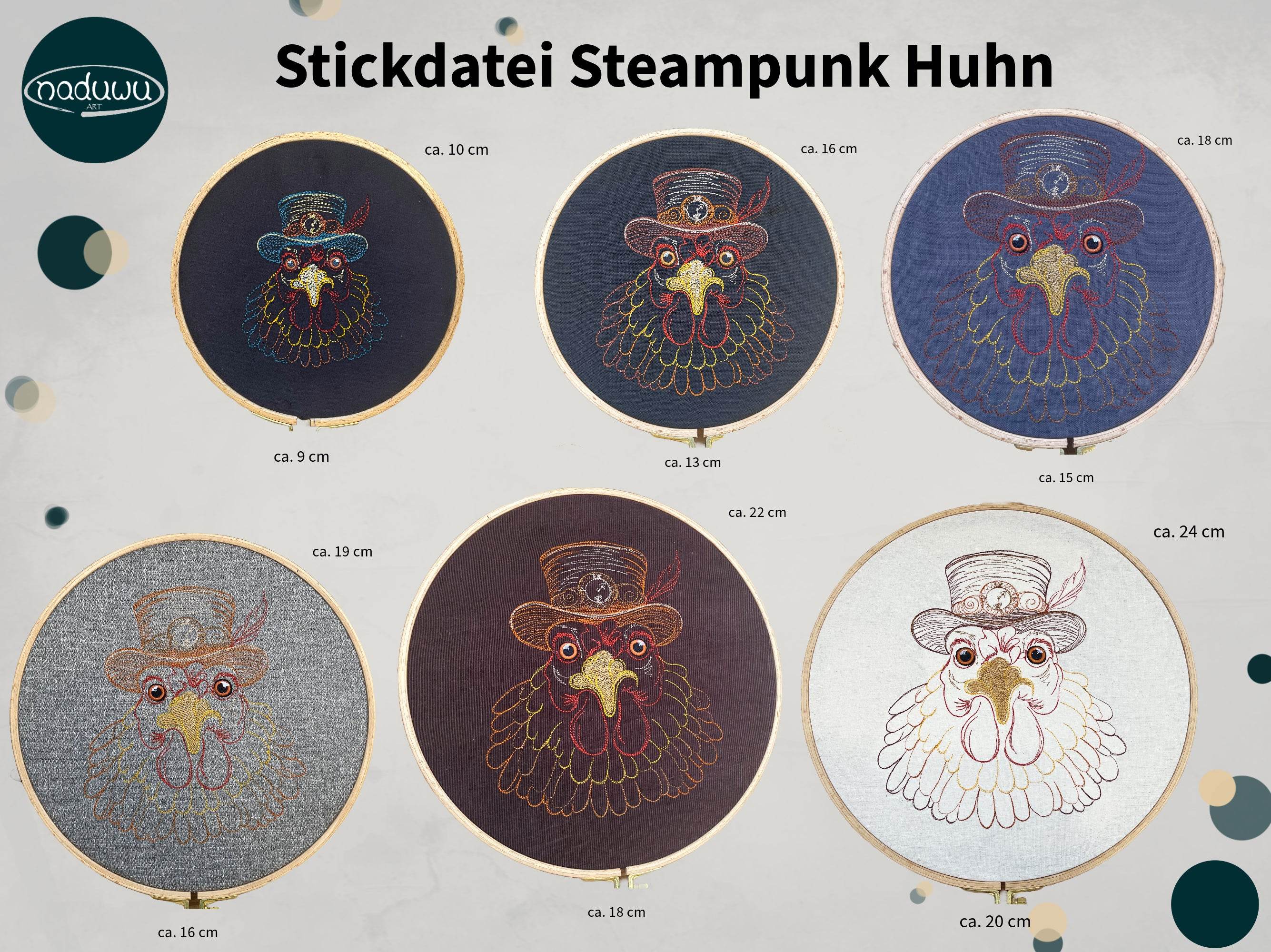 Stickdatei Steampunk Huhn Set 6 Größen - Sewando