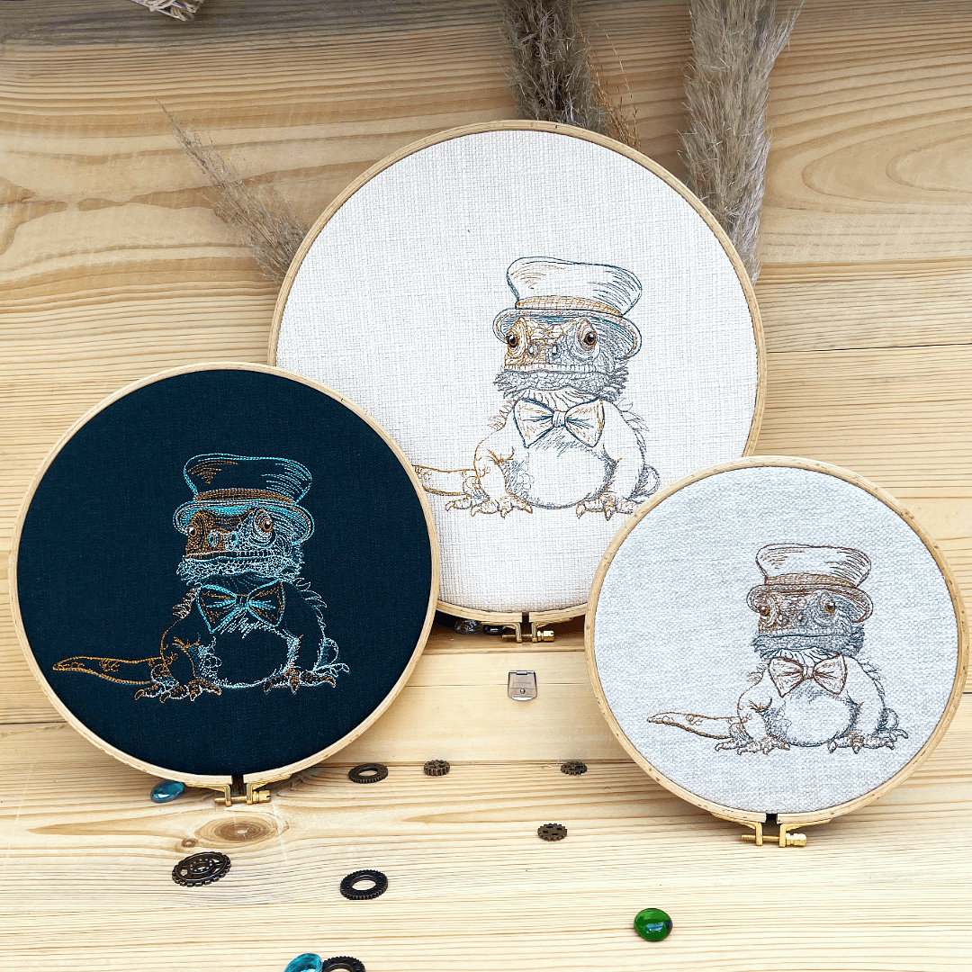 Stickdatei Echse Set 5 Größen, Bartagame Steampunk Scribble ab 13x18 Rahmen - Sewando