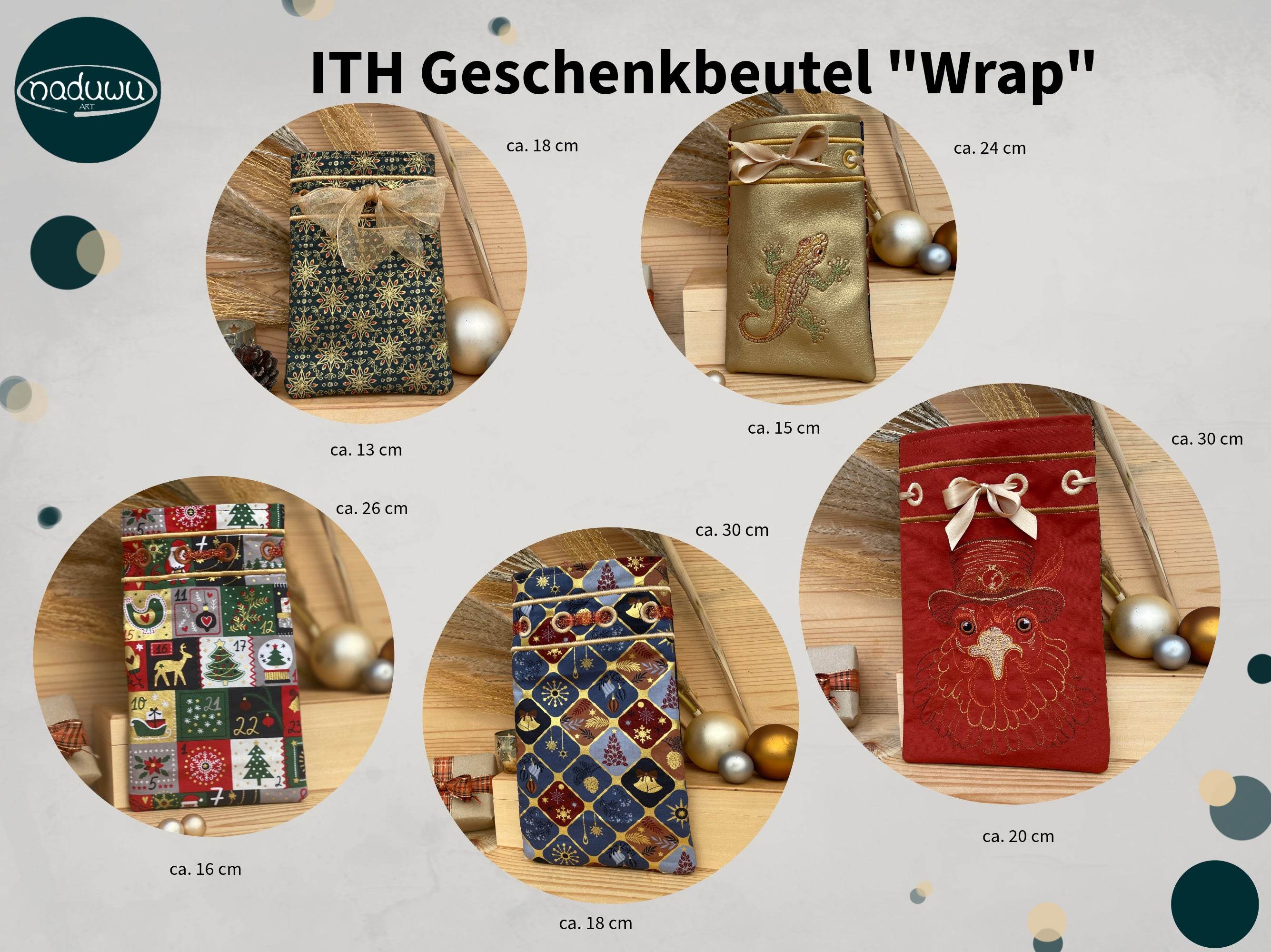 Stickdatei Geschenkbeutel Set mit 5 Größen, ITH Beutel “Wrap” mit Innenfutter - Sewando