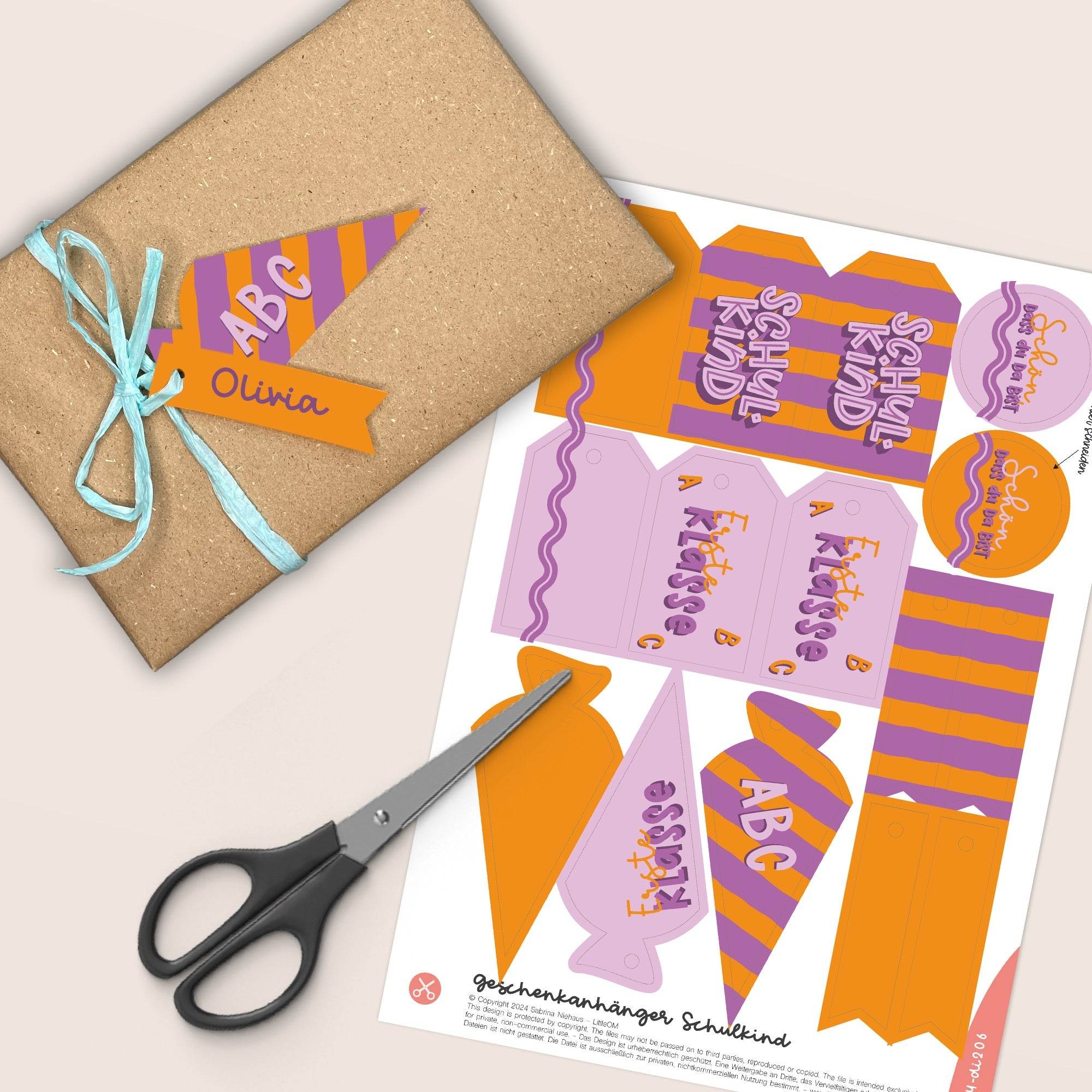 Geschenkanhänger Schulkind / 1. Klasse lila / orange - Printable (Schere oder Plotter) - Sewando