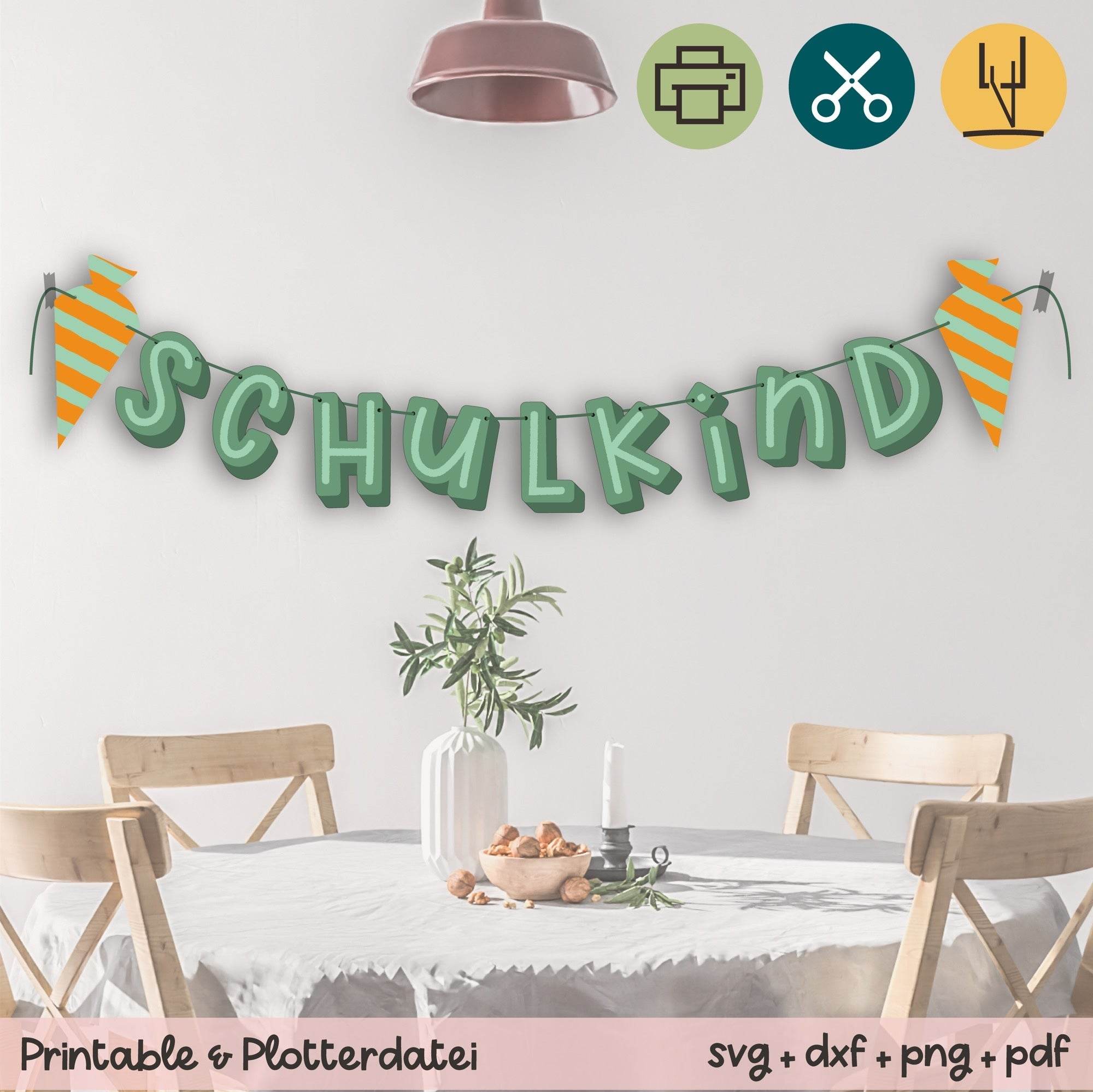 Girlande Schulkind grün / orange - Printable (Ausschneiden mit Schere oder Plotter) - Sewando