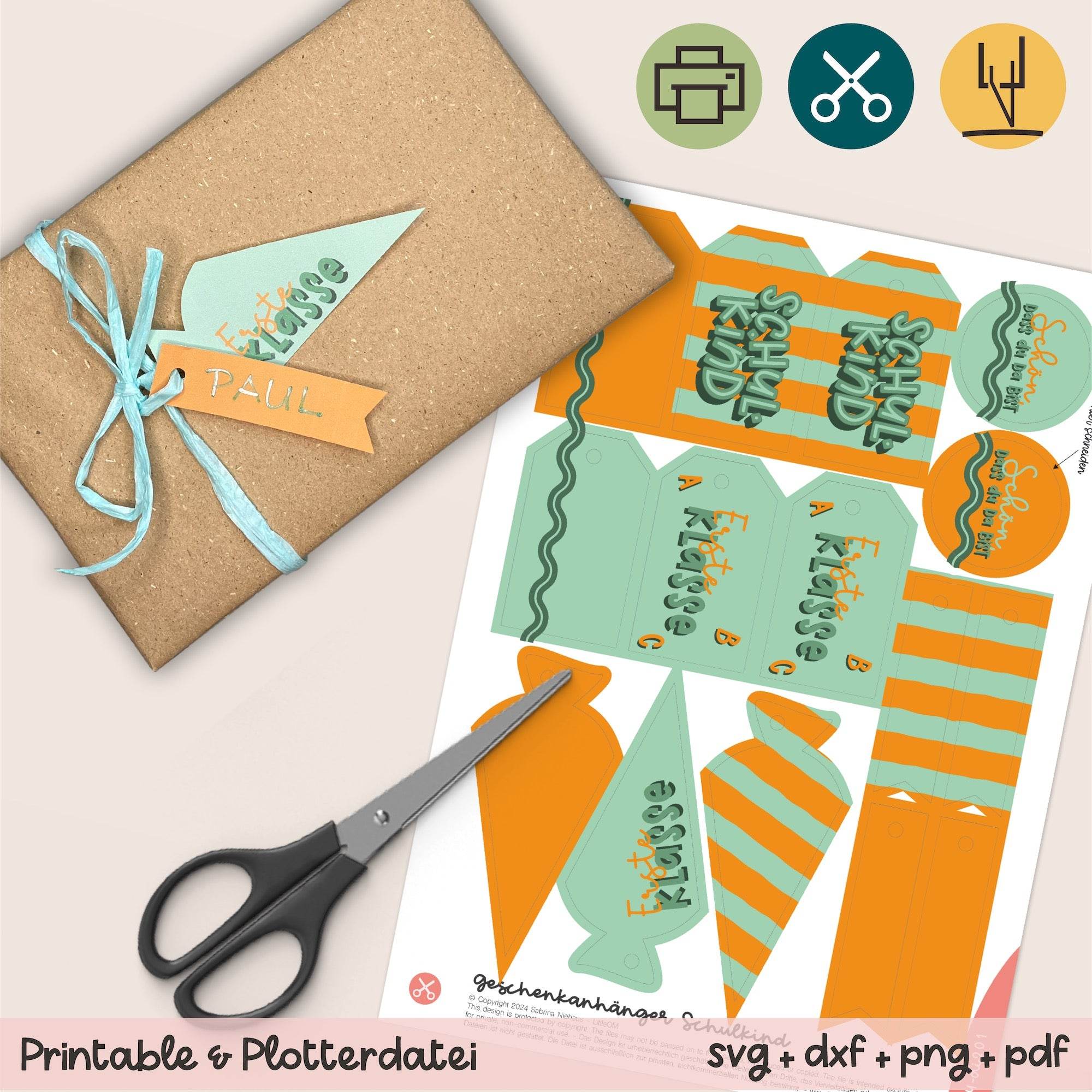 Geschenkanhänger Schulkind / 1. Klasse orange / grün - Printable (Schere oder Plotter) - Sewando