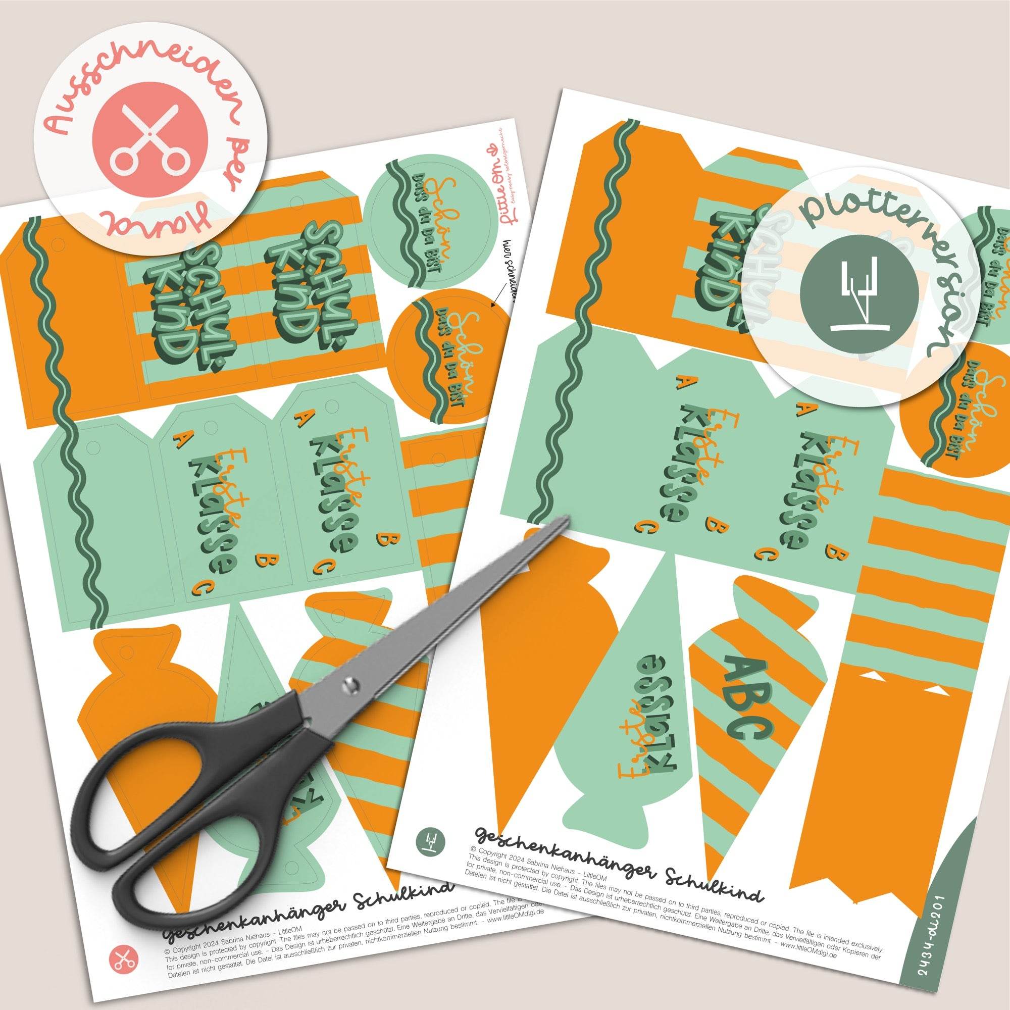 Geschenkanhänger Schulkind / 1. Klasse orange / grün - Printable (Schere oder Plotter) - Sewando