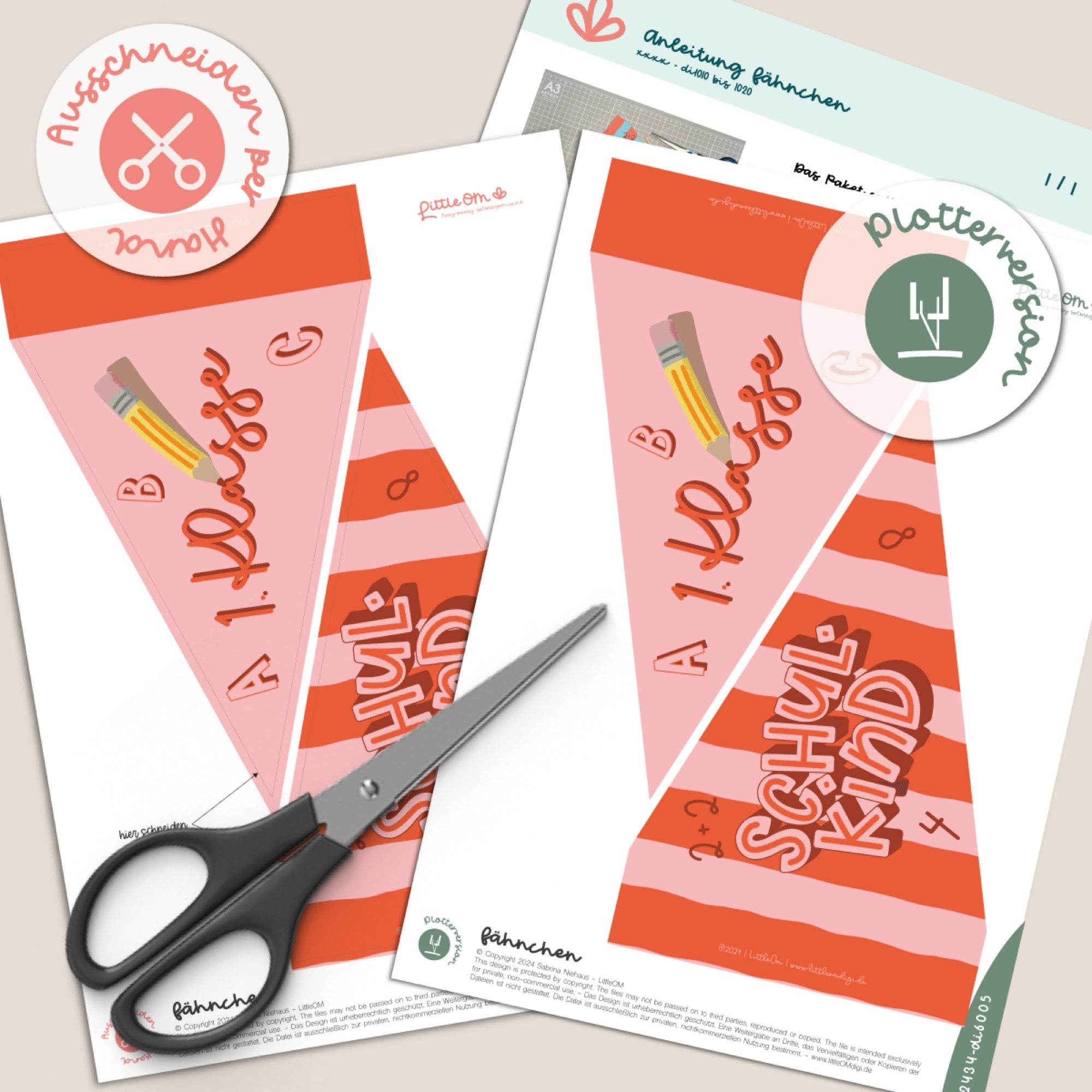 Deko Fähnchen 1. Klasse und Schulkind rot / rosa - Printable - Sewando