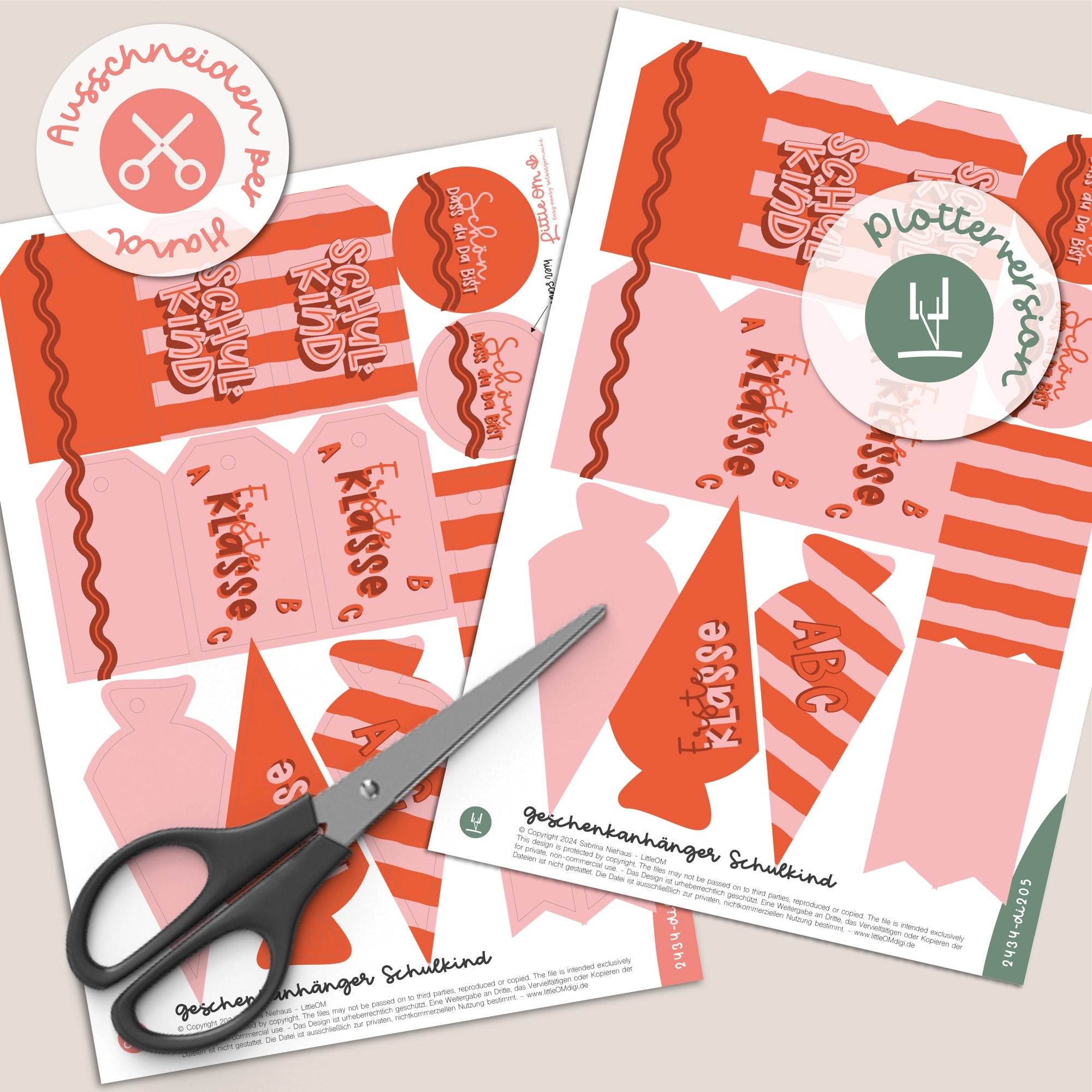 Geschenkanhänger Schulkind / 1. Klasse rosa / rot - Printable (Schere oder Plotter) - Sewando