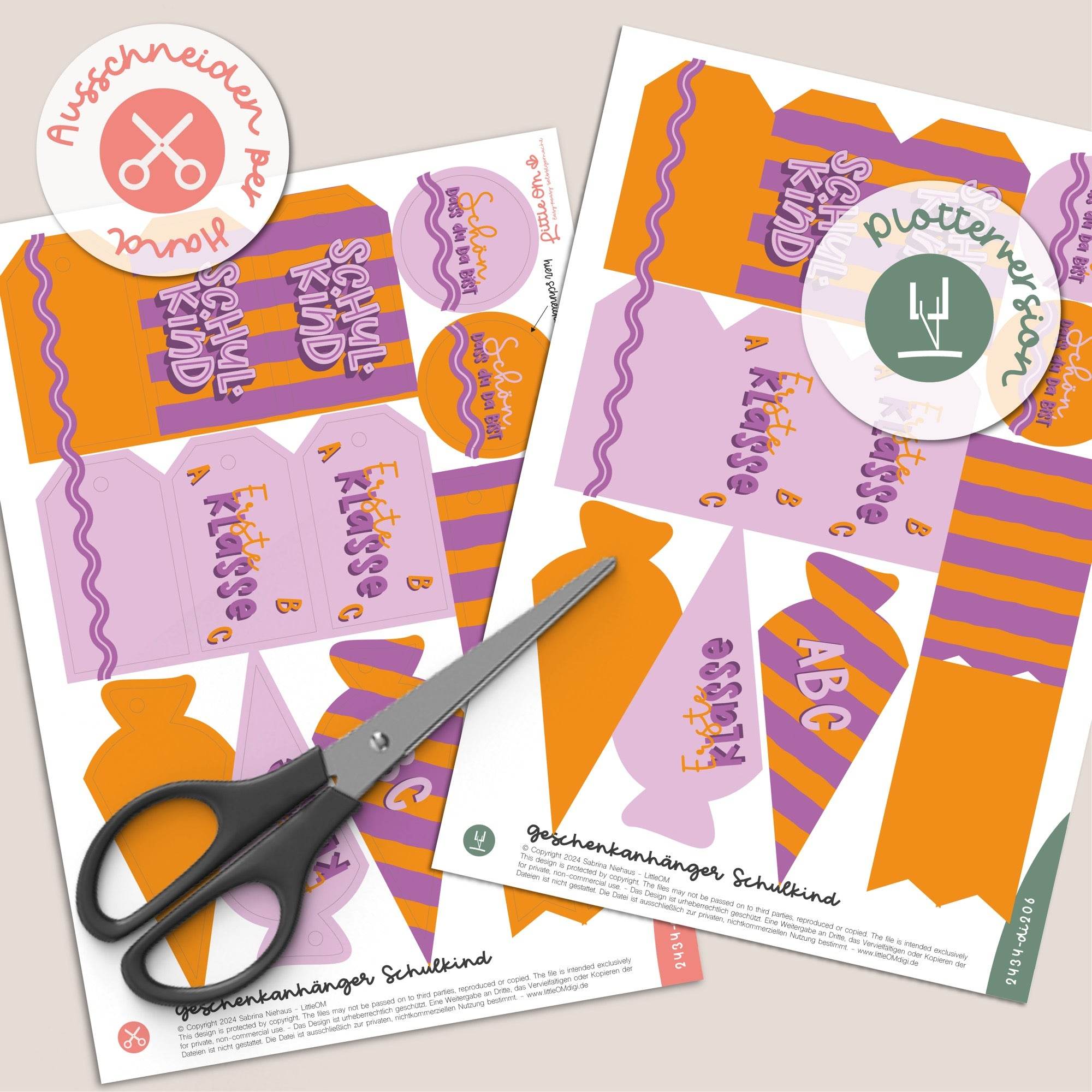 Geschenkanhänger Schulkind / 1. Klasse lila / orange - Printable (Schere oder Plotter) - Sewando