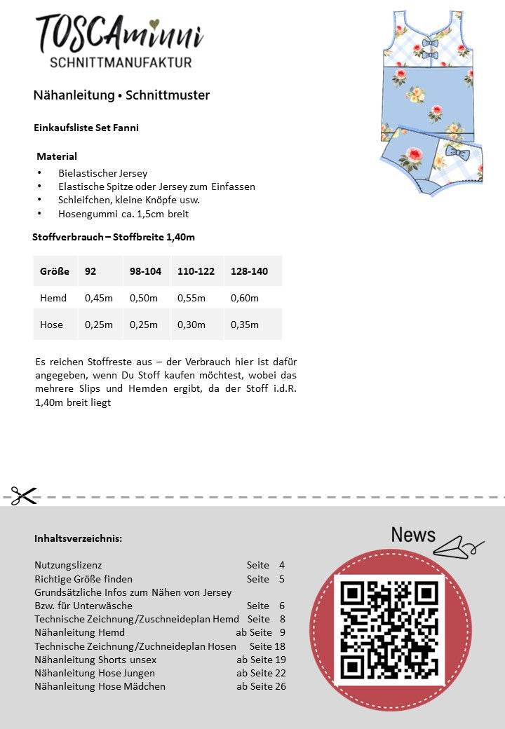 Schnittmuster Kinder Unterwäsche | Set Fanni Gr. 92 - 140 - Sewando