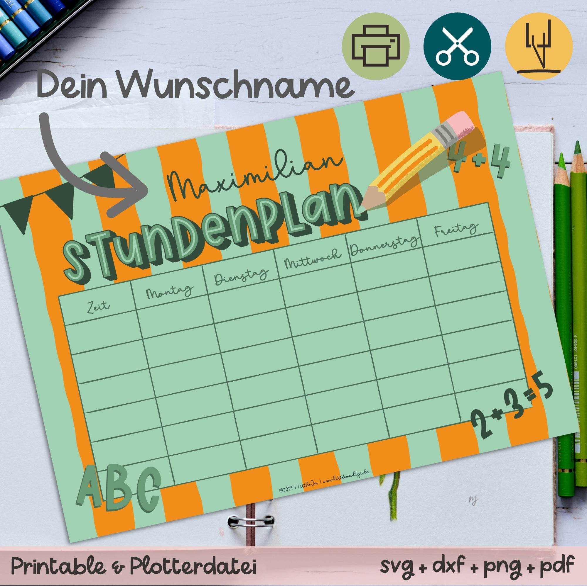 Stundenplan mit eigenem Namen - orange / grün - Printable - Sewando