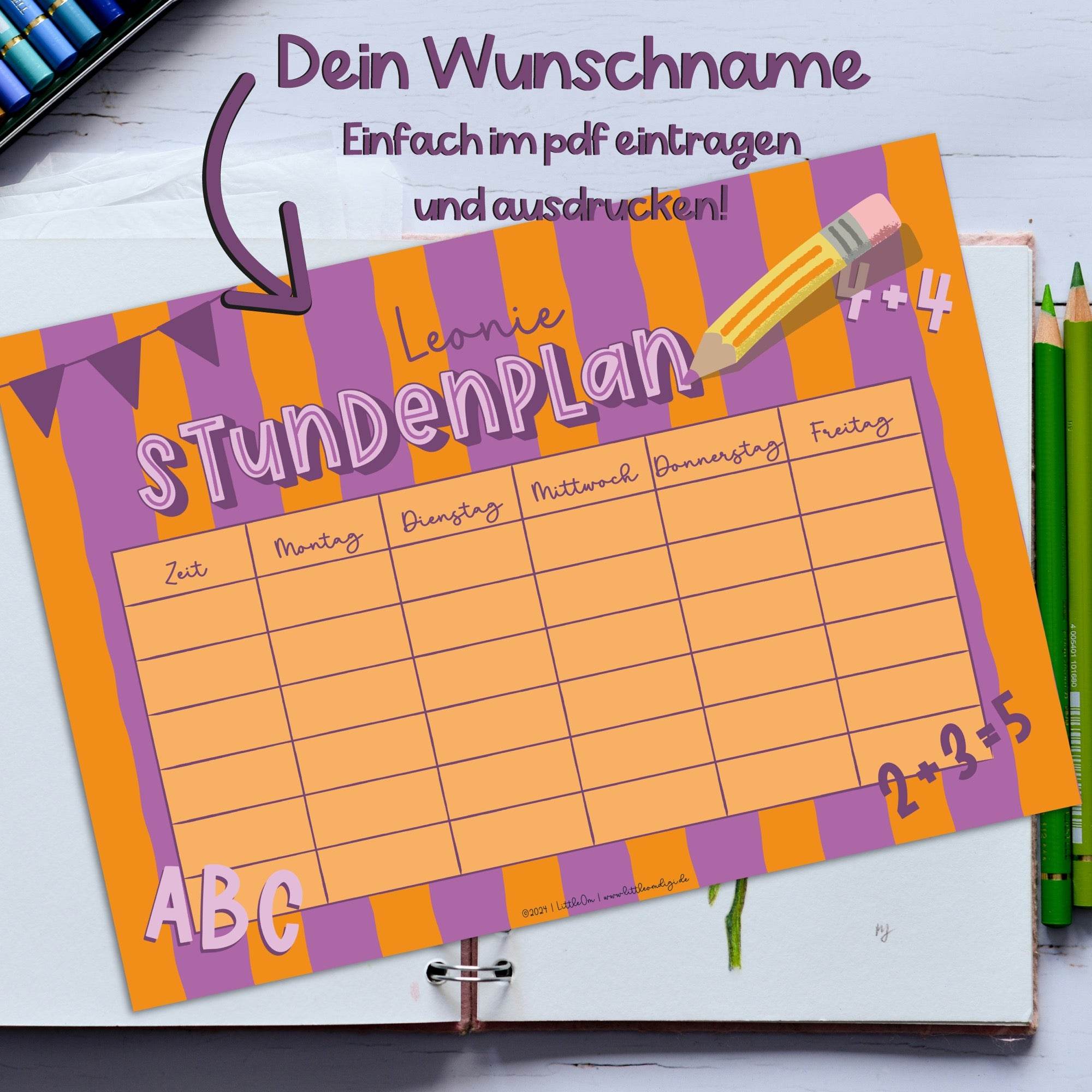 Stundenplan mit eigenem Namen - orange / lila - Printable - Sewando