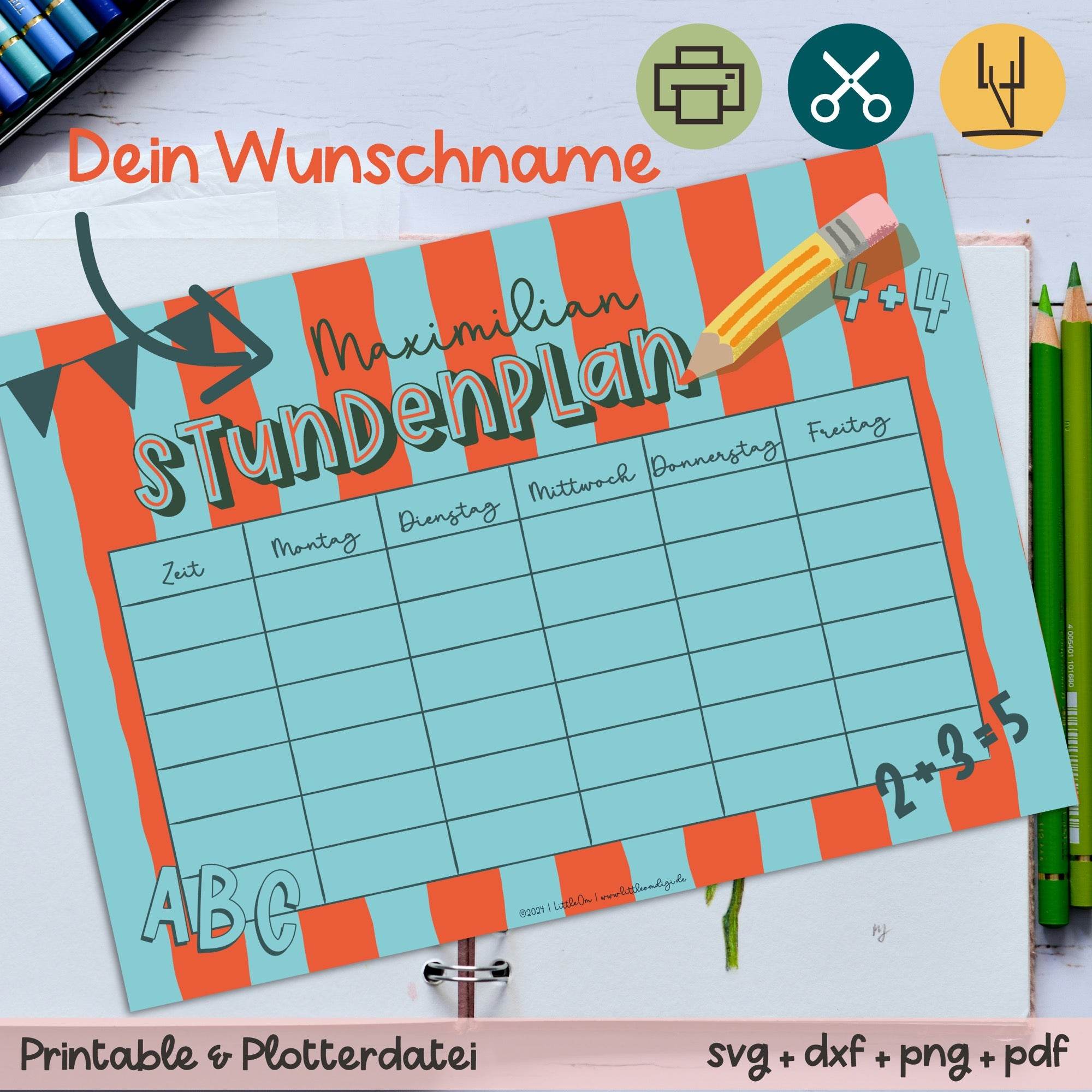 Stundenplan mit eigenem Namen - rot / blau - Printable - Sewando