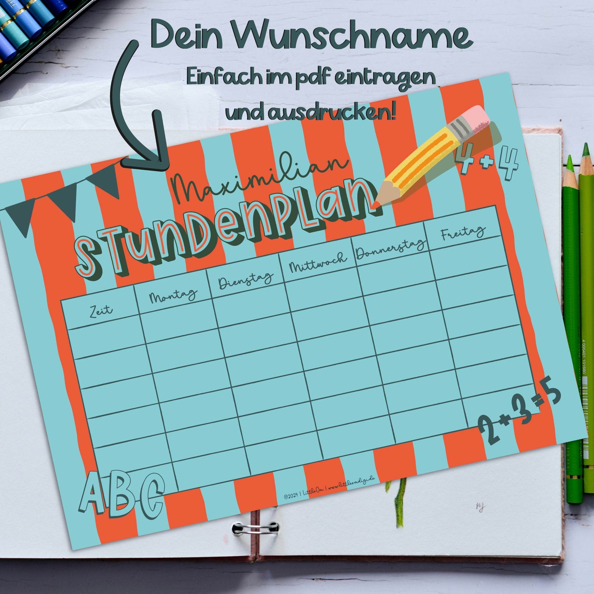 Stundenplan mit eigenem Namen - rot / blau - Printable - Sewando
