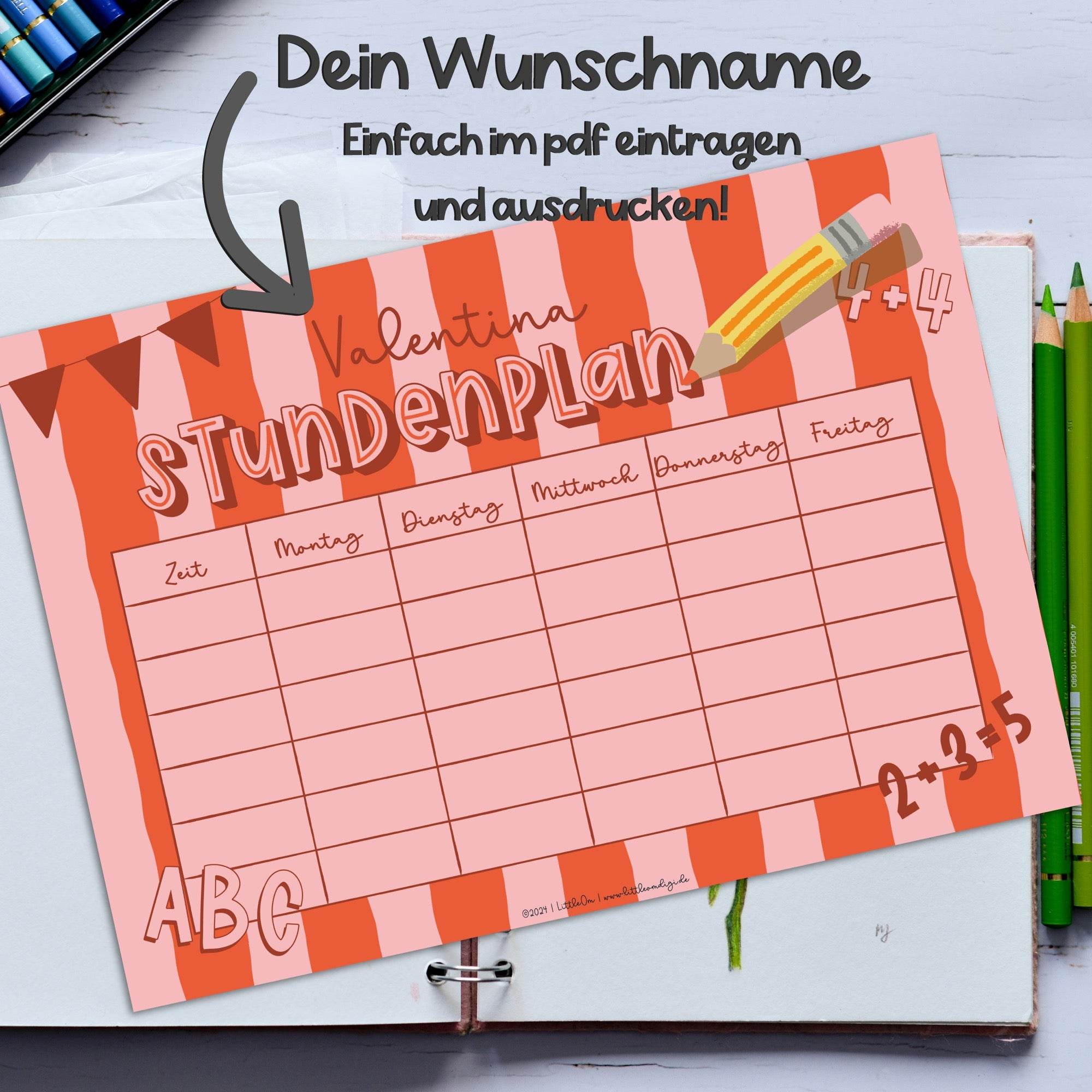 Stundenplan mit eigenem Namen - rosa / rot - Printable - Sewando