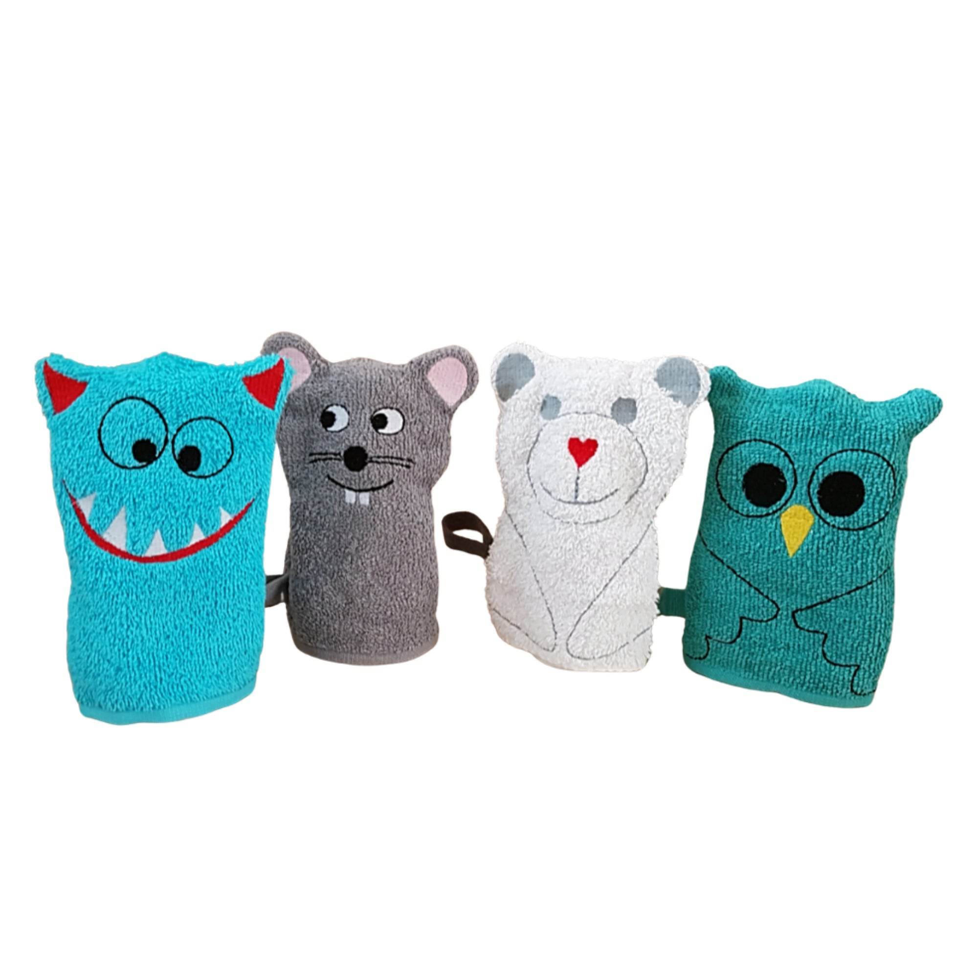 Stickdatei Waschlappen 4er Set 13 cm x 18 cm, Maus, Bär, Eule, Monster - Sewando