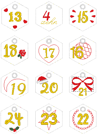 Stickdatei - 6-Eck Zahlenanhänger 1-25 für Adventskalender - Sewando