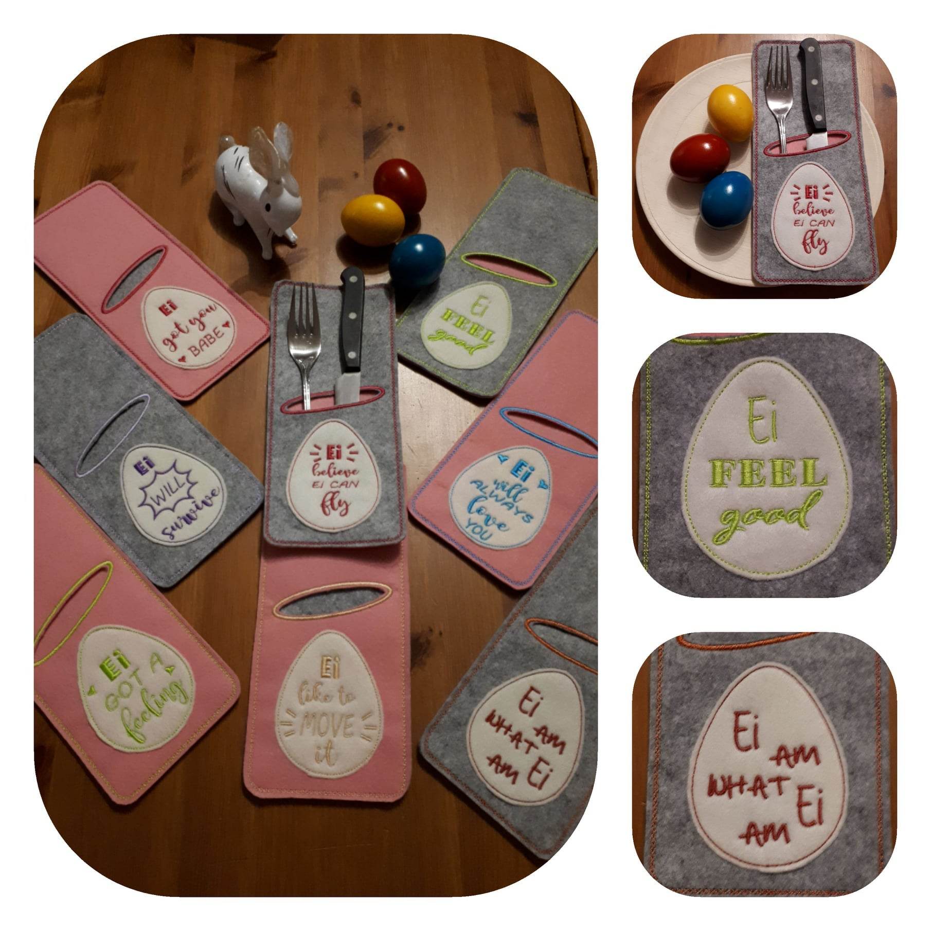 Stickdatei - Bestecktaschen Ostereier mit Sprüchen (9 Dateien) - Sewando