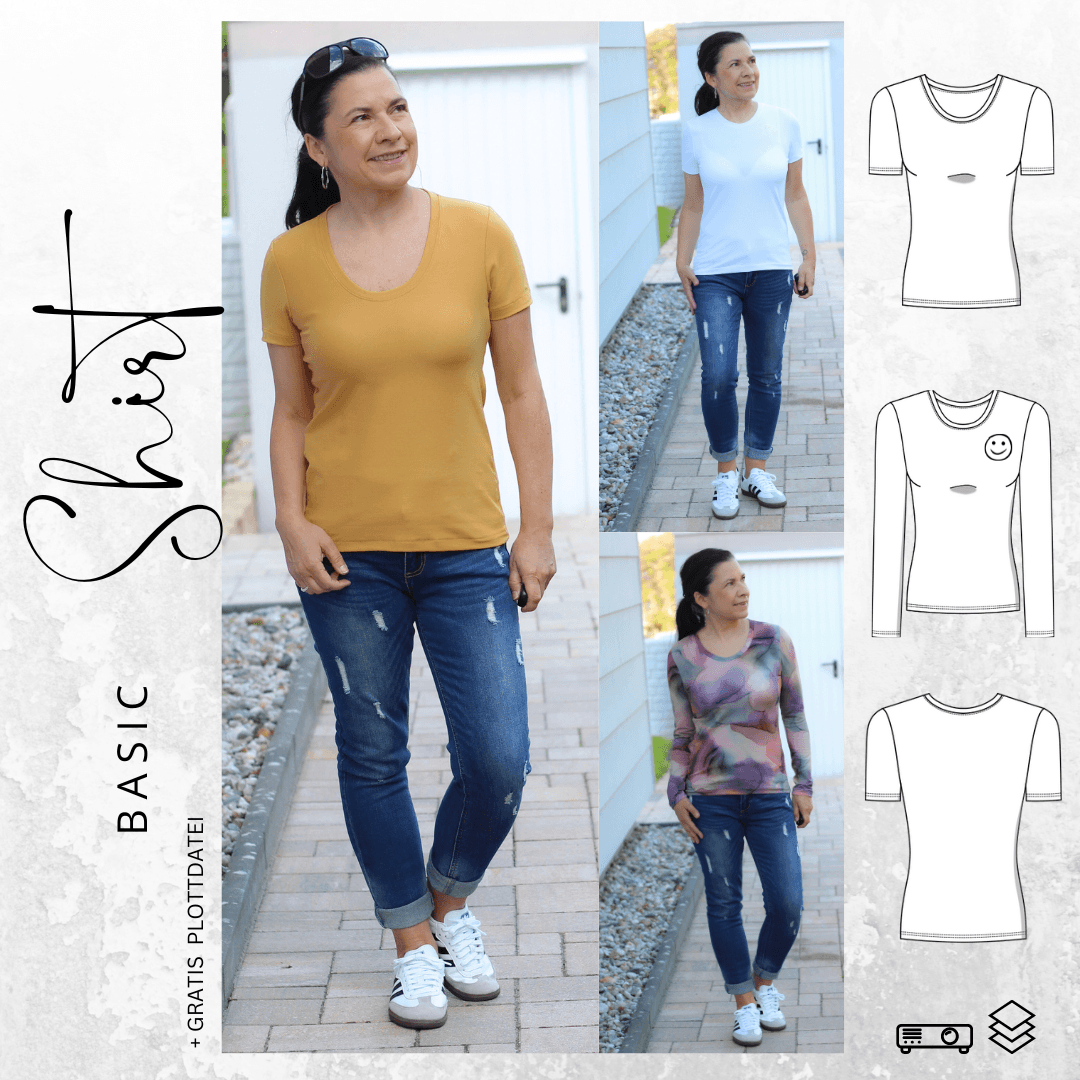 Schnittmuster BASIC Shirt Nr.1 Rundhals Gr. 32-56 + gratis Plotterdatei - Sewando