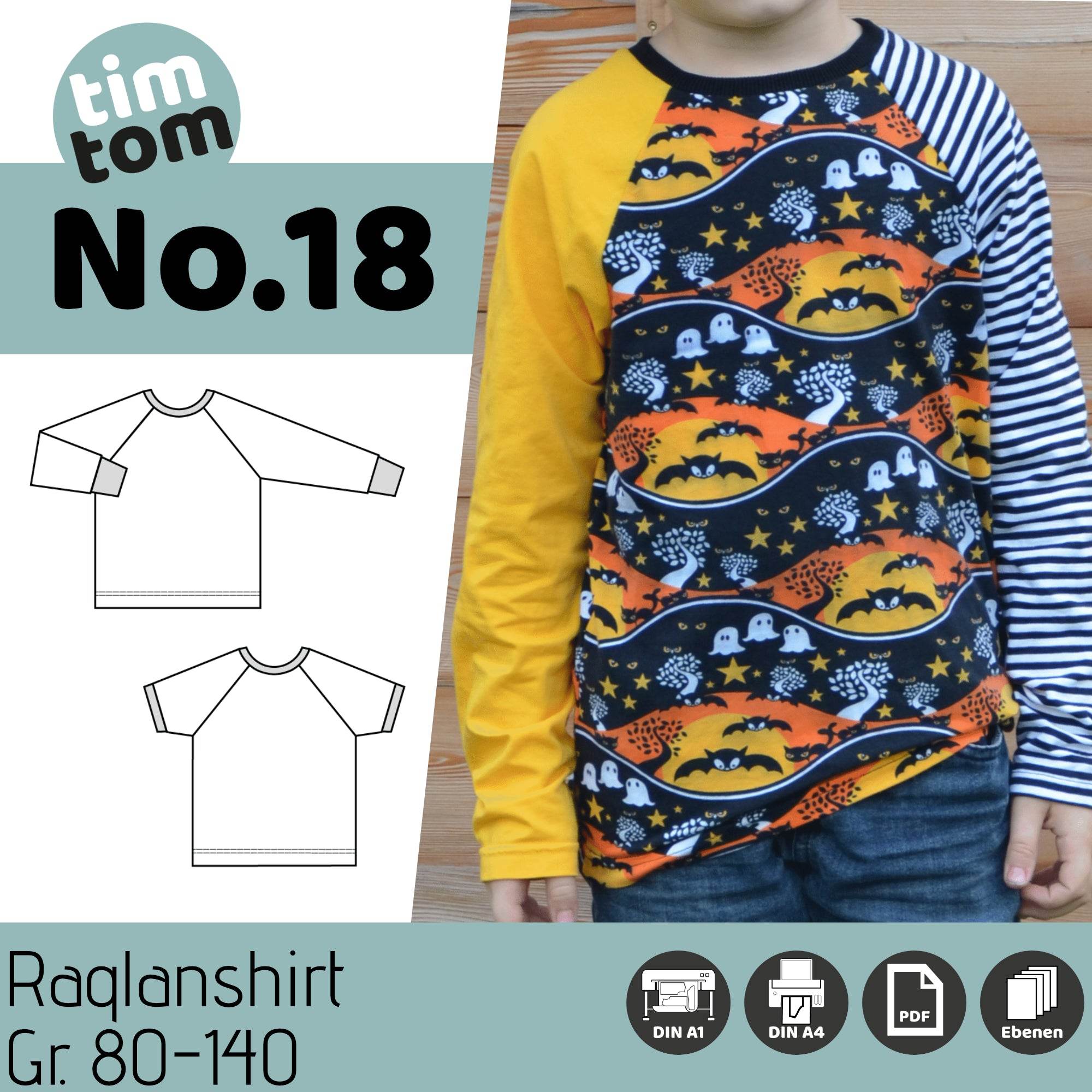Schnittmuster timtom No.18 Raglanshirt, vorne-wie-hinten-Ausschnitt, zwei Weiten Gr. 80-140 - Sewando