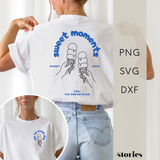 Plotterdatei „Sweet Moments“ mit zwei Eiswaffeln im Line-Art-Stil sowie Front- & Backprint für sommerliche Shirts, SVG DXF PNG