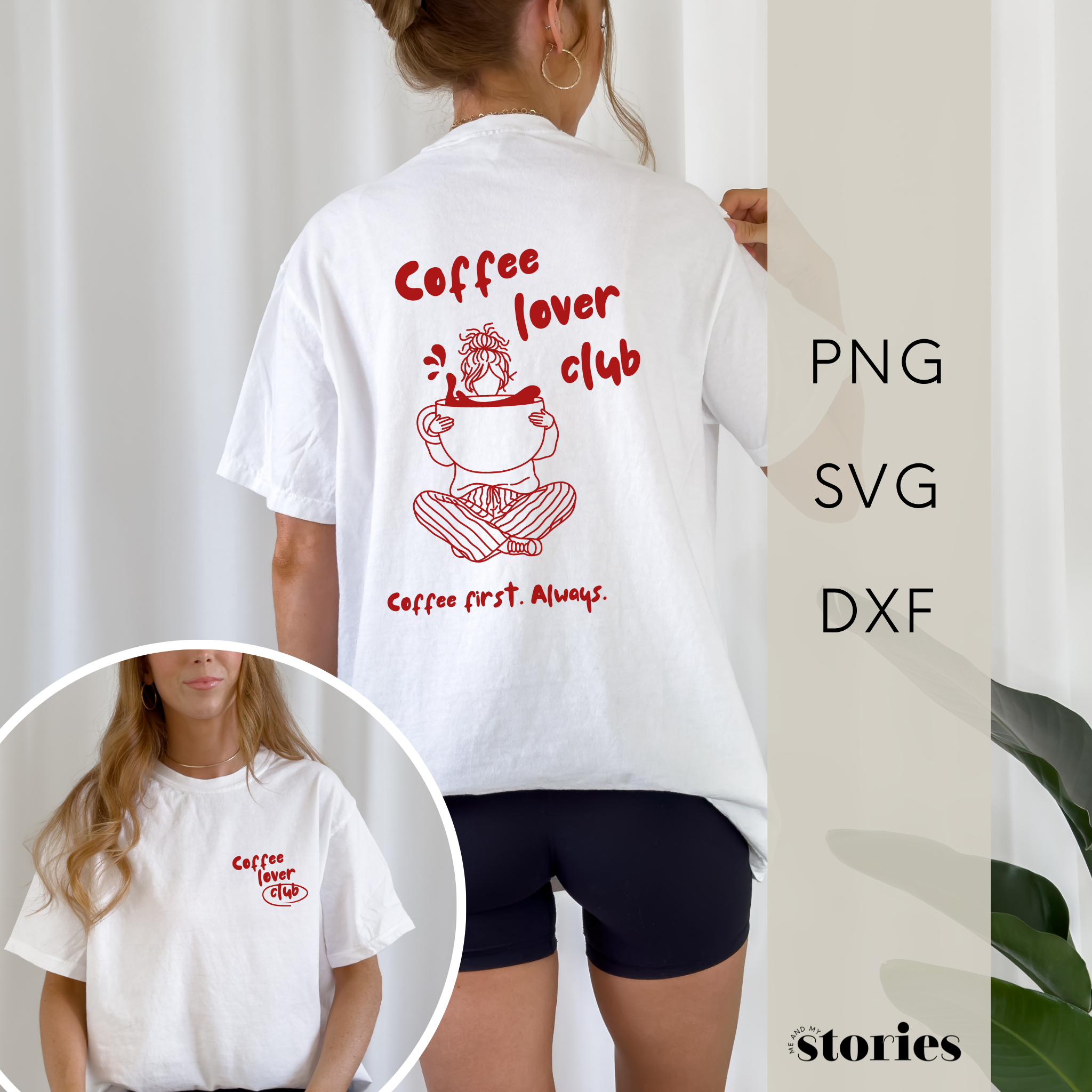 Plotterdatei „Coffee Lover Club“ mit Illustration und Schriftzug „Coffee first. Always.“ – modernes Kaffee Design für DIY-Projekte