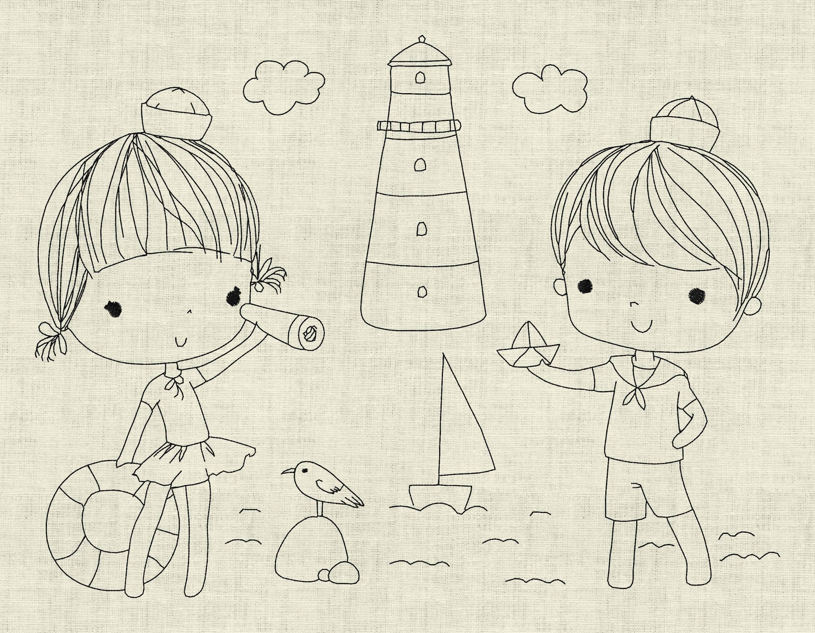 Stickdatei Maritim Junge und Mädchen mit Leuchtturm Set 916 - Sewando