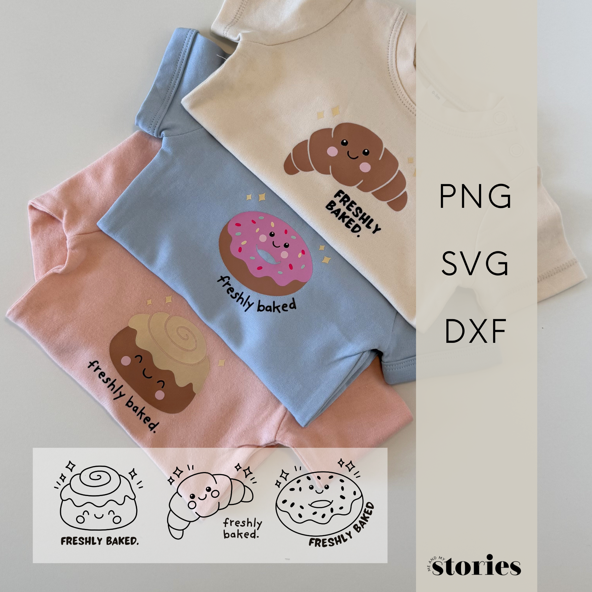 Plotterdatei „Freshly Baked“ mit Croissant, Donut und Zimtschnecke im Kawaii Stil, Baby Design zur Geburt, SVG DXF PNG