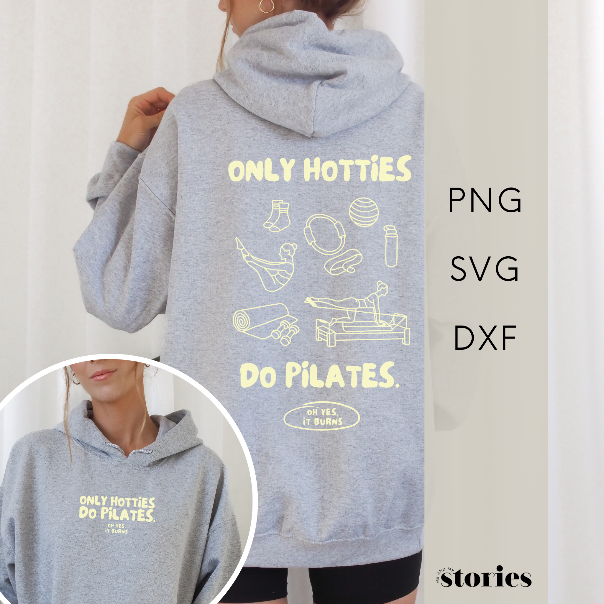 Plotterdatei „Only Hotties Do Pilates“ mit Front- und Backprint, minimalistische Line Art Illustrationen zu Pilates, Reformer, Matte, Grip Socks und Studio Zubehör, SVG DXF PNG