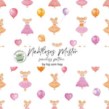 Mäusemädchen weiß – Nahtloses digitales Stoffmuster mit Aquarell-Figuren & Ballons (JPG, 30 x 30 cm, 300 DPI)
