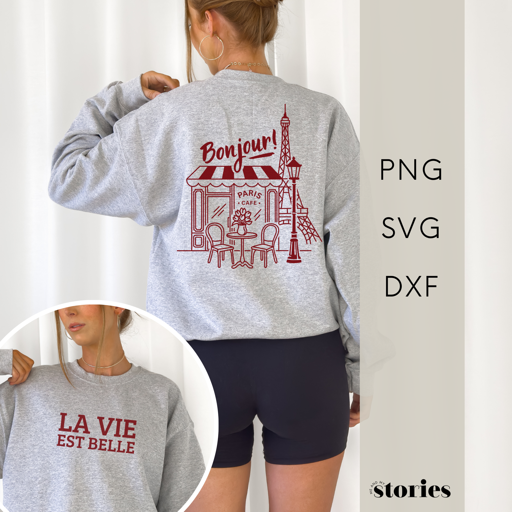 Plotterdatei „Paris Vibes“ mit Café Illustration, Eiffelturm und Schriftzug „La vie est belle“, Front- & Backprint, SVG DXF PNG