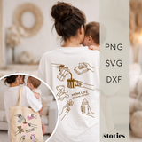 Plotterdatei „Mom Life“ mit Baby Illustrationen wie Fläschchen, Schnuller, Teddybär, Feuchttücher und Kaffeetasse, einfarbig und mehrfarbig plottbar, SVG DXF PNG