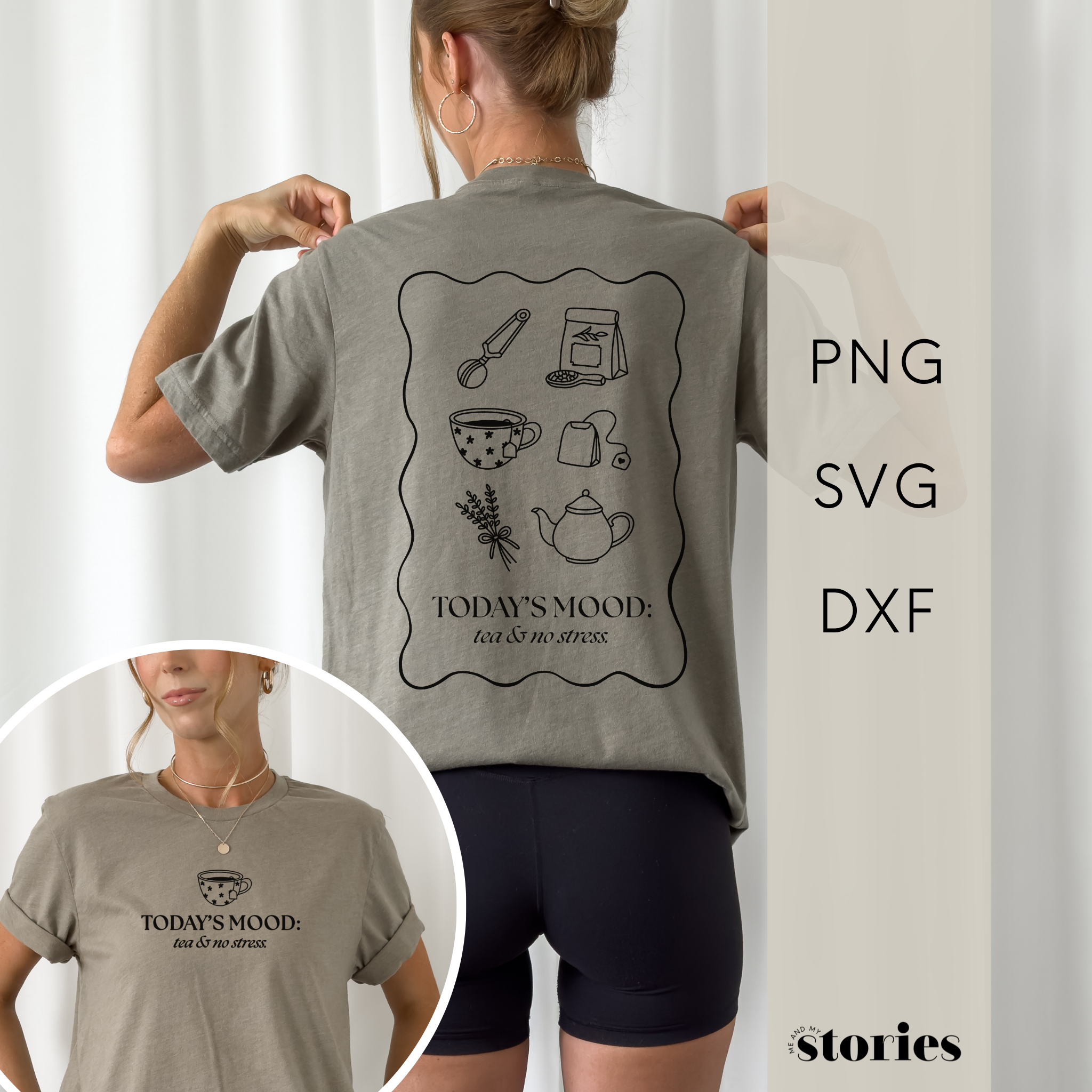 Plotterdatei „Tea & No Stress“ mit Tee-Illustrationen und Schriftzug „today’s mood: tea & no stress“