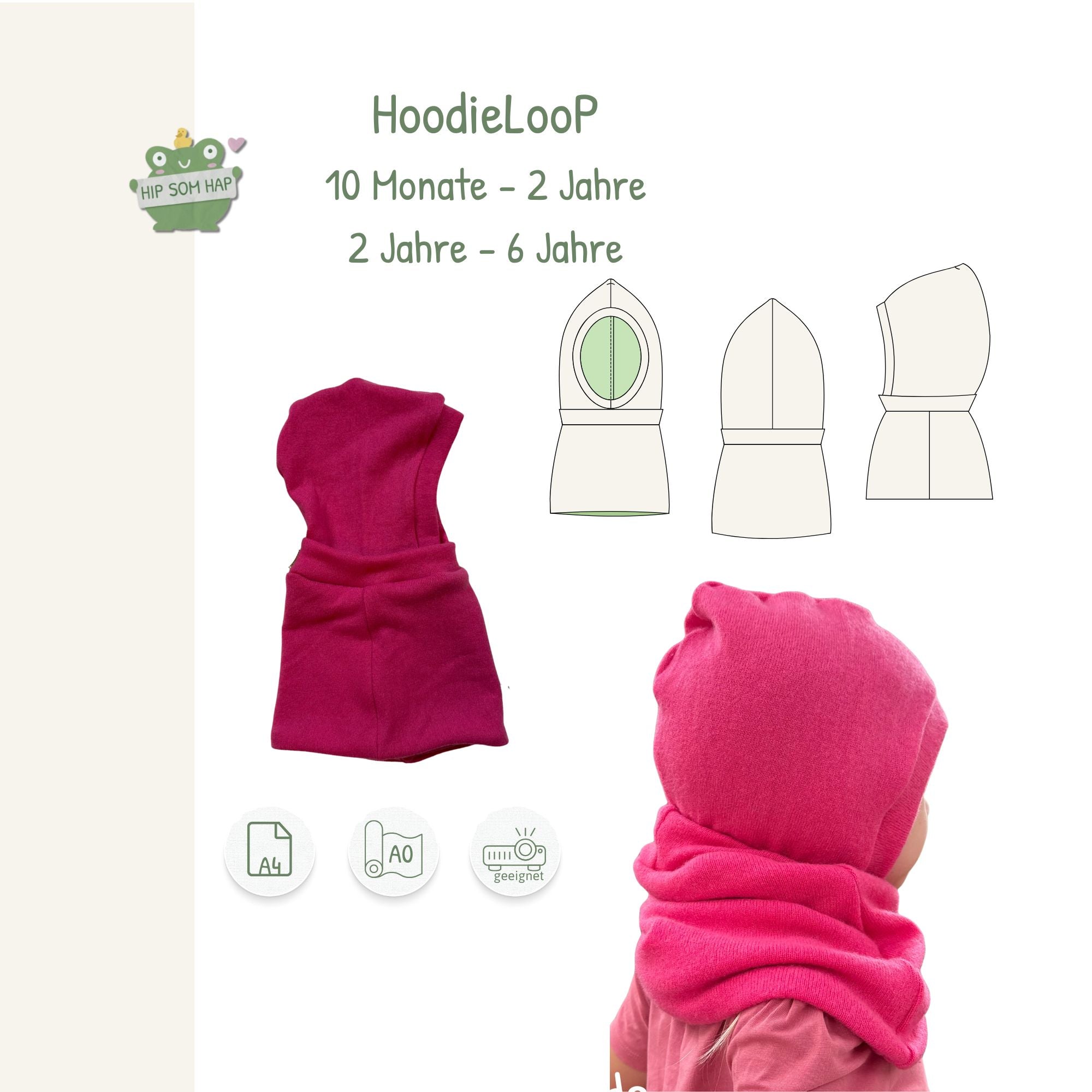 Schnittmuster HoodieLooP – Kapuzenschal für Kinder mit Größenangabe und Beispielbild getragen.