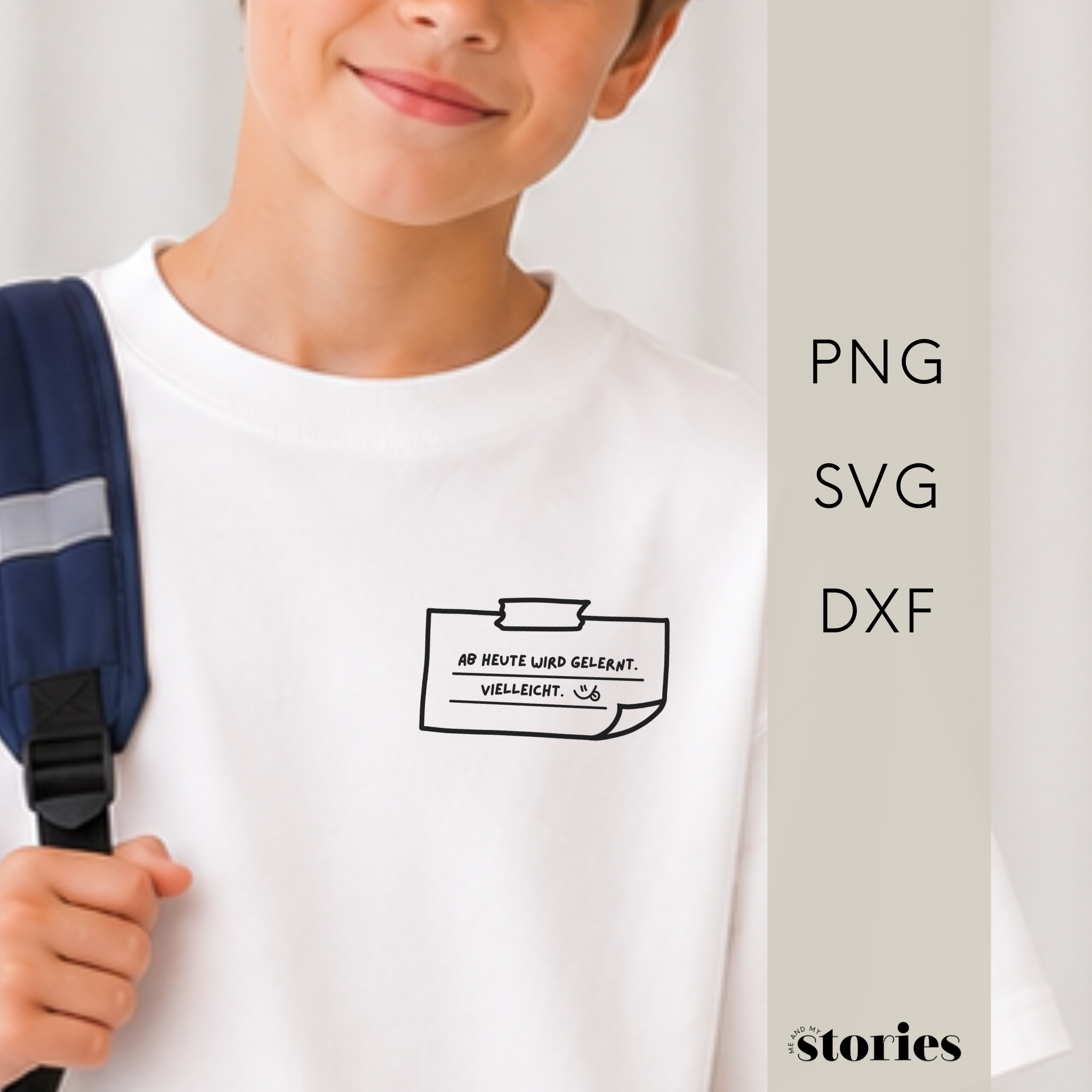 Plotterdatei „Ab heute wird gelernt. Vielleicht.“ im Post-it-Design mit handschriftlichem Zusatz für Schulkind und Einschulung, SVG DXF PNG