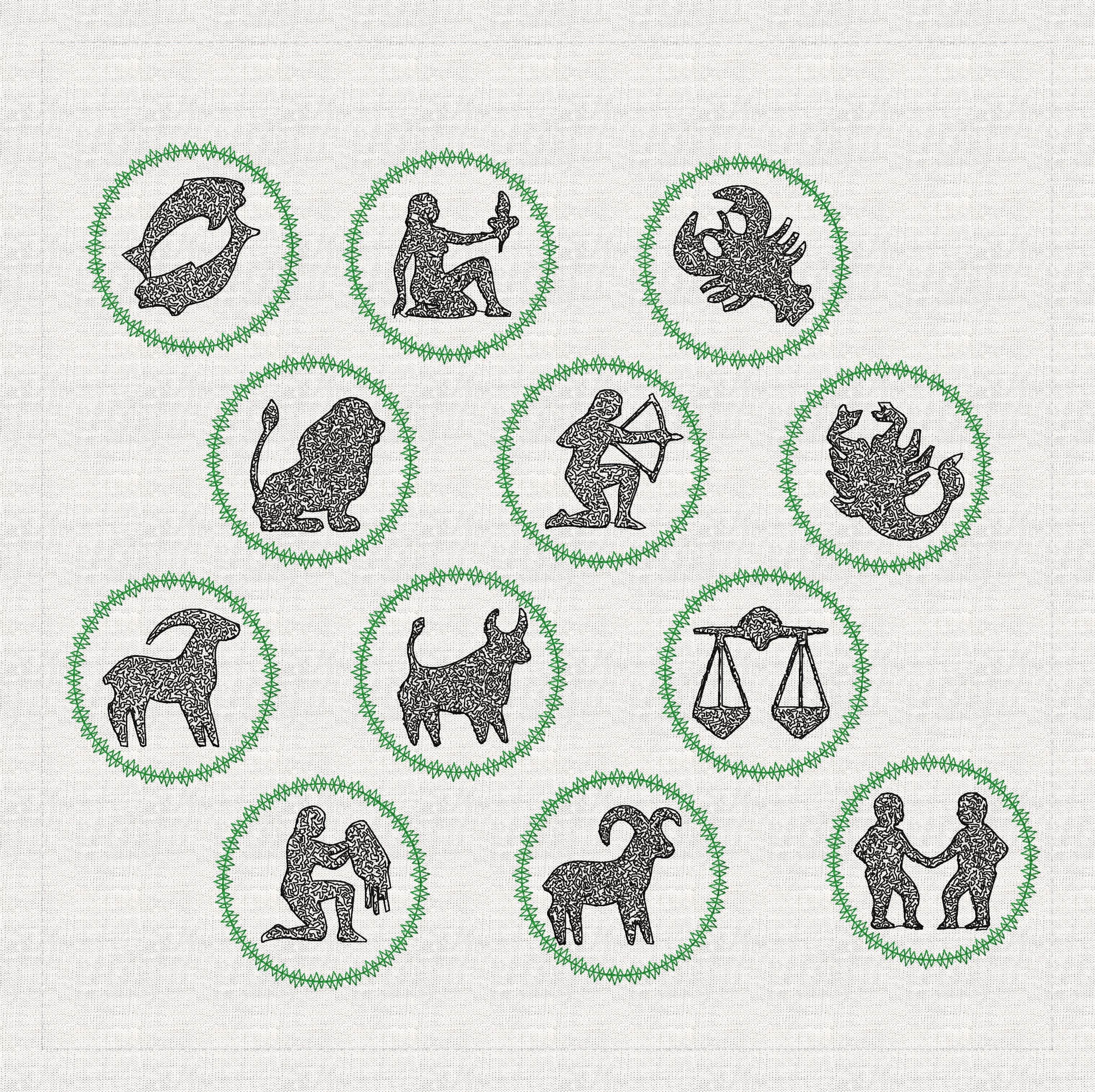 Stickdatei 12 Sternzeichen Zodiac Set 762 Doodle Rahmen Button - Sewando