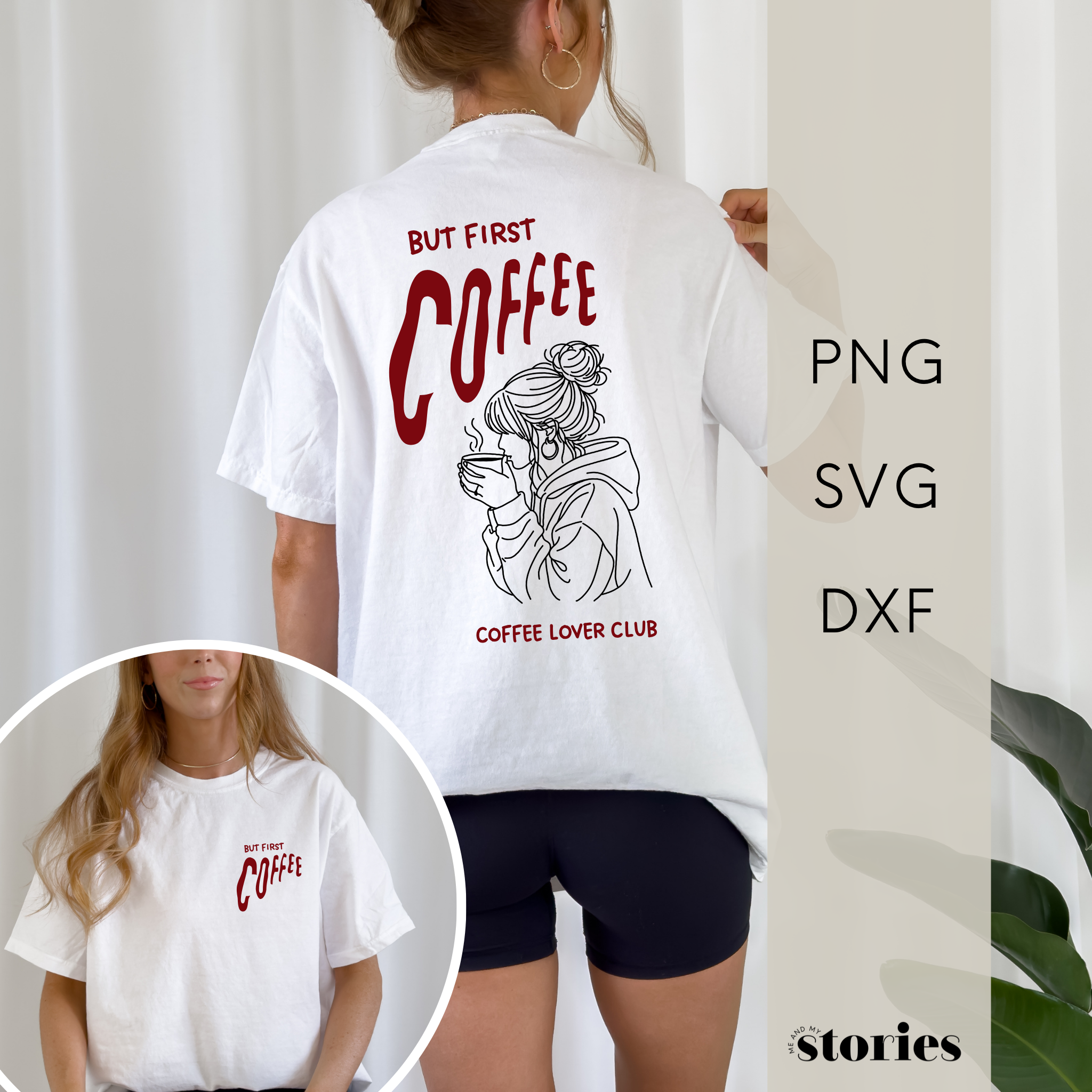 Plotterdatei „But First Coffee“ mit Line-Art Illustration einer Frau mit Kaffeetasse und Schriftzug „Coffee Lover Club“