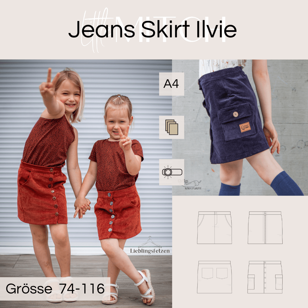 Schnittmuster Jeans Skirt Ilvie Mini Rock Gr. 74-116 - Sewando