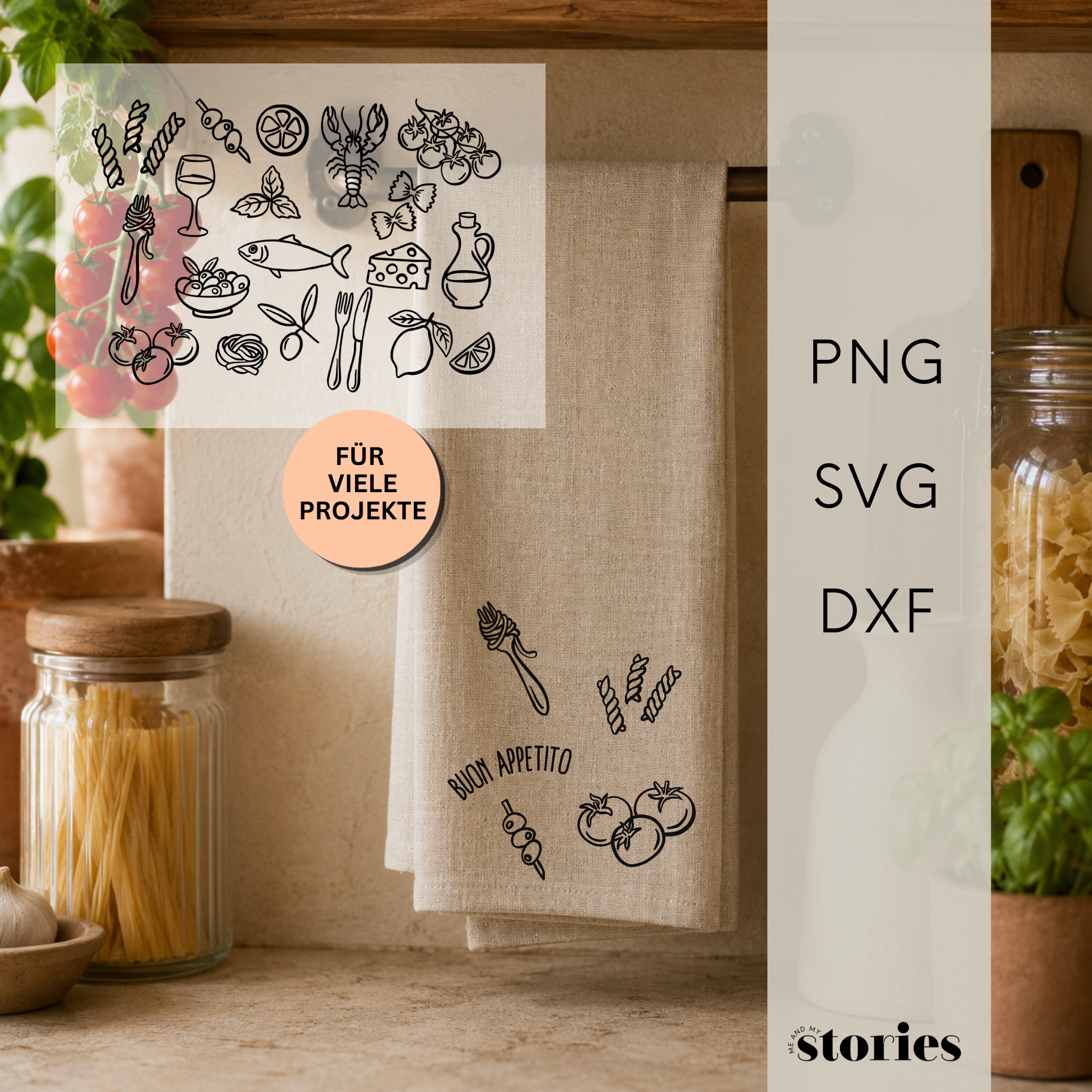 Plotterdatei „Taste of Italy“ mit italienischen Symbolen wie Pasta, Wein, Zitrone, Tomaten, Fisch, Garnelen und Dolce Vita Sprüchen, SVG DXF PNG
