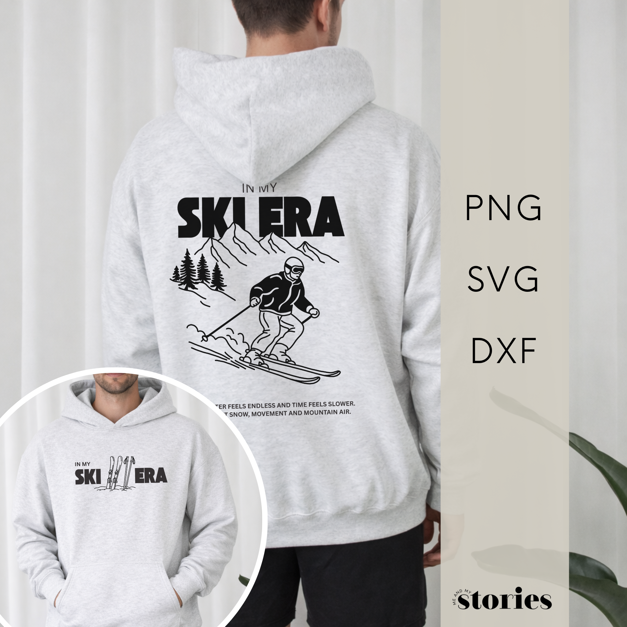 Minimalistischer Backprint mit Schriftzug „In my ski era“ – modernes Ski Plotterdesign für Winter-Shirts und Hoodies. Dezenter Frontprint „In my ski era“ – minimalistische Plotterdatei für Ski- und Winter-Styles