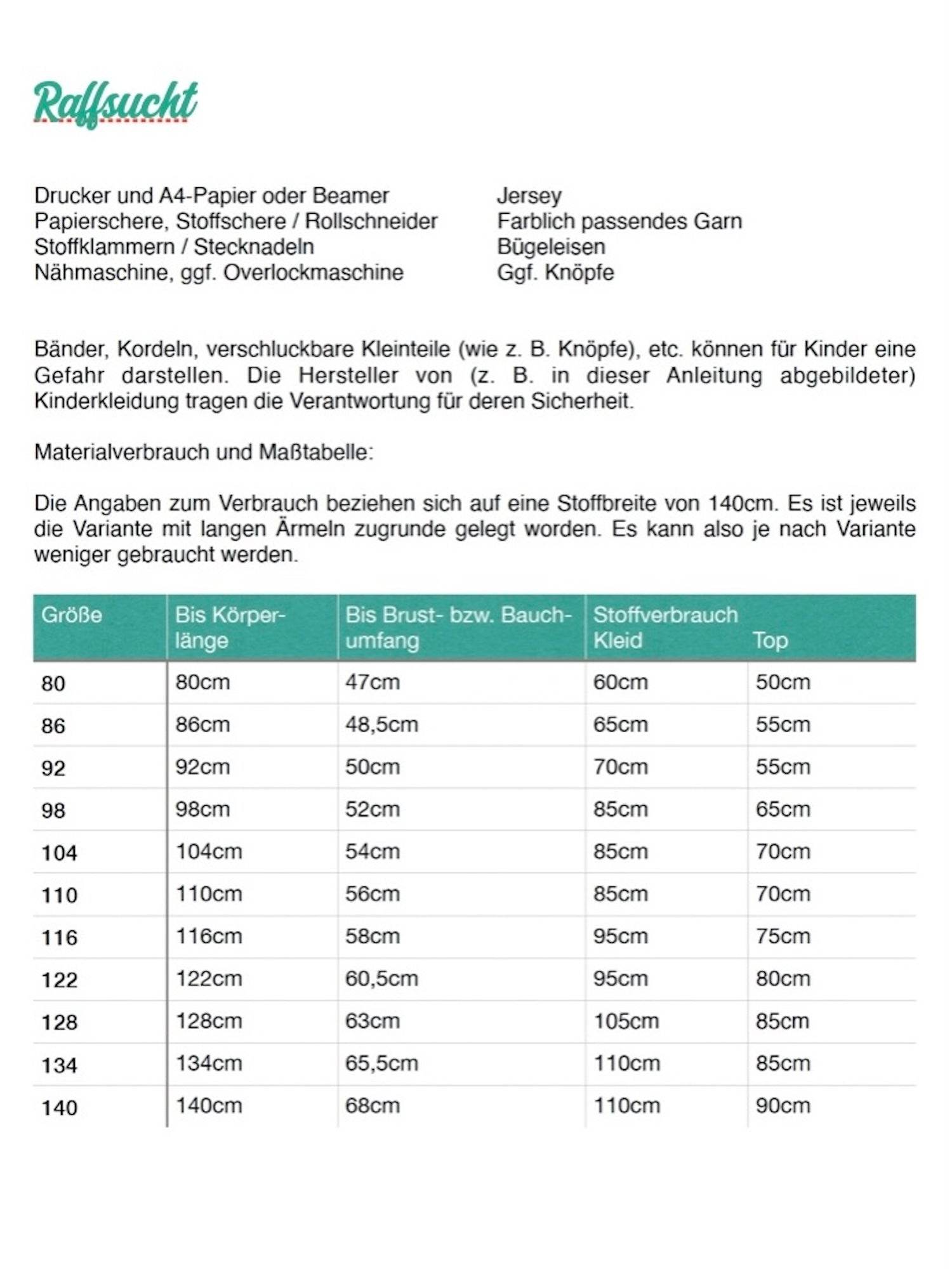 Schnittmuster Kleid / Tunika Raffsucht Gr. 80-140 - Sewando