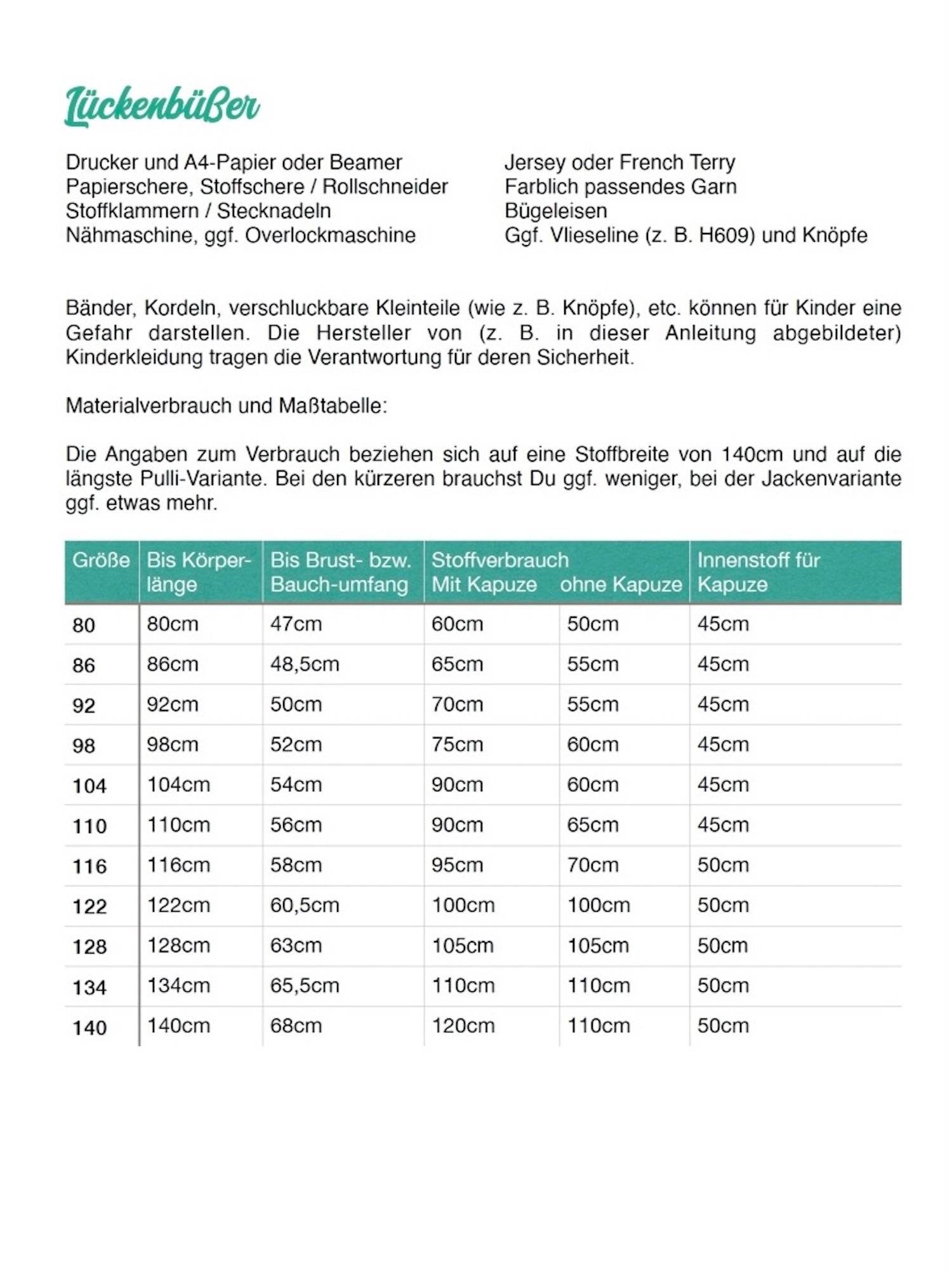 Schnittmuster Pulli / Jacke Lückenbüßer Gr. 80-140 - Sewando