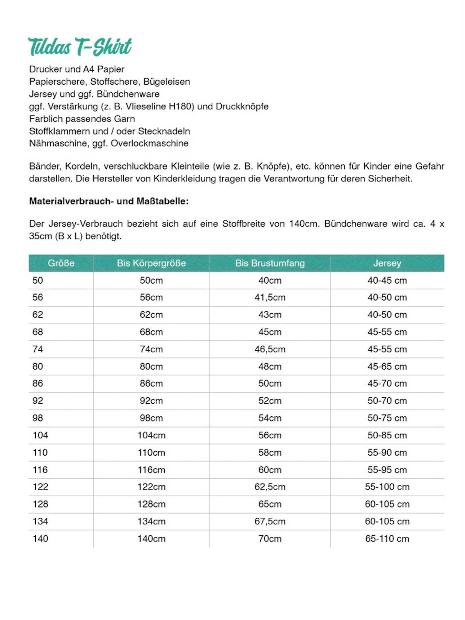 Schnittmuster Tildas T-Shirt Gr. 92-140 - Sewando